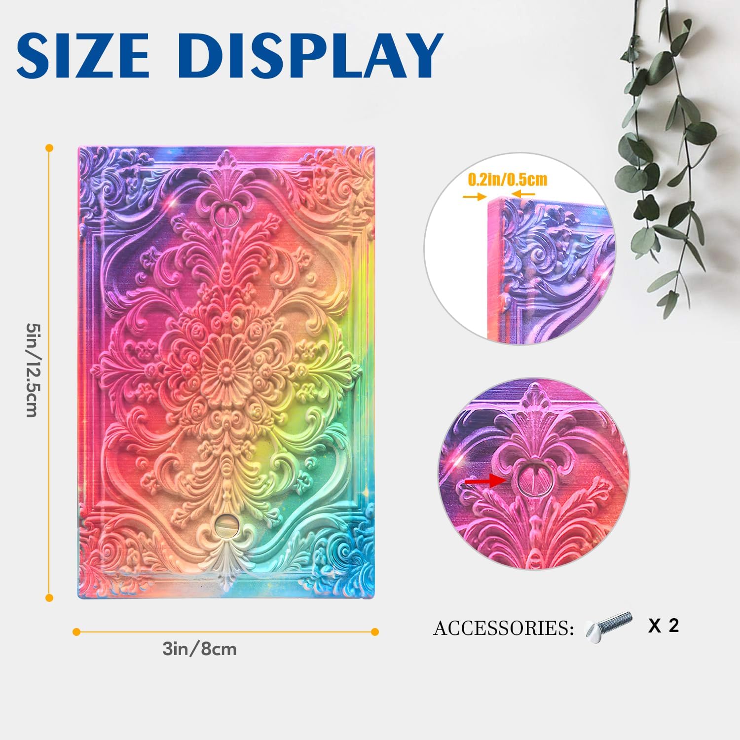 Decorative Light Switch Plate Covers Sparkly Rainbow 3D Vintage Floral Embossed 1 Gang No Device Single Blank Outlet Covers Wall Plate Light Switch Cover Plate for Bedroom Home Decor image 3