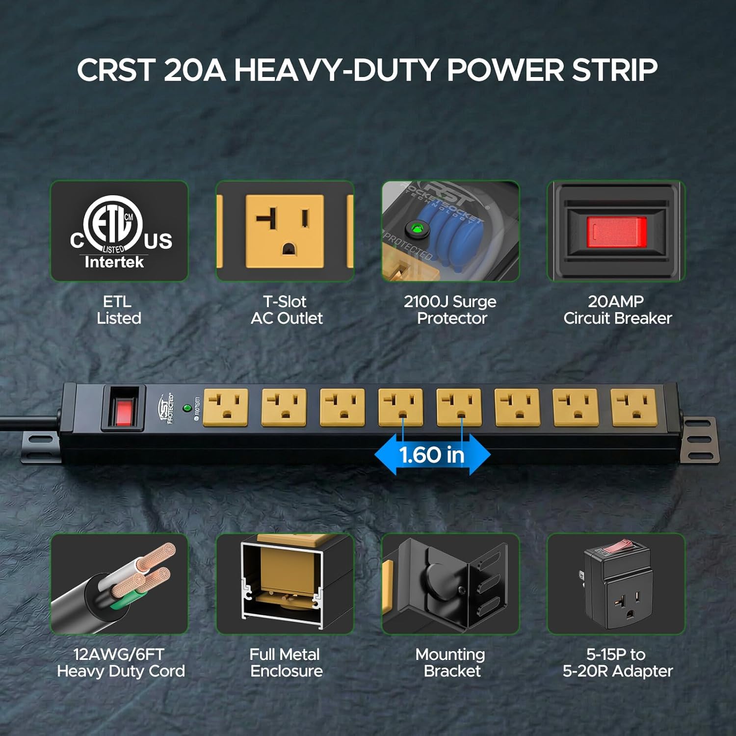 CRST 20 Amp Heavy Duty Power Strip, 8-Outlet Metal Surge Protector 2100J, True 20A Internal Wiring &12AWG 6FT Cord, ETL Listed, Wall Mount for 19" Rack,Garage,Kitchen...Includes 5-15P to 5-20R Adapter