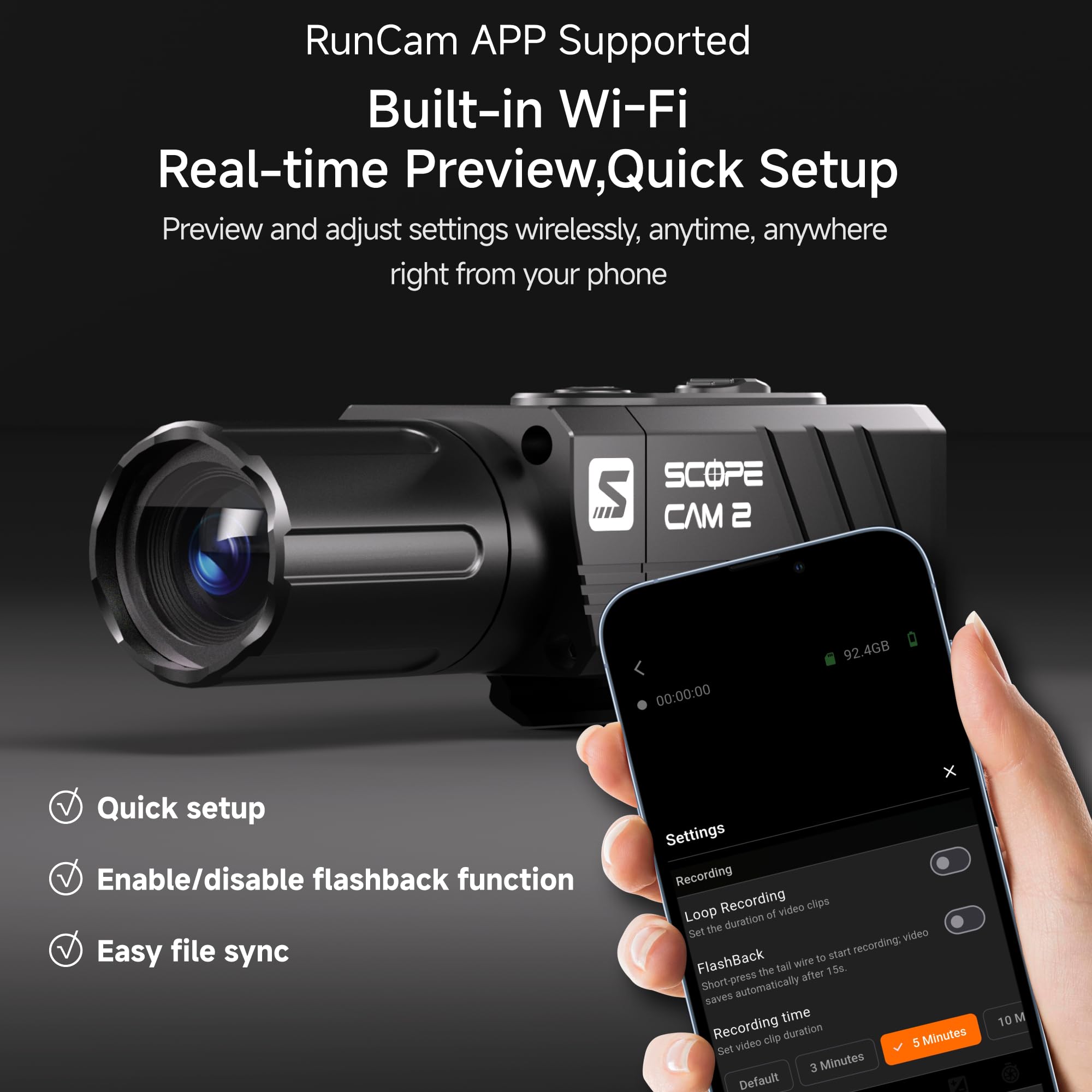 RunCam ScopeCam 2S Airsoft Action Camera, durata della batteria 210 min, pre-registrazione, controllo app Wi-Fi, alloggiamento in metallo IP64 per softair, sport, fauna selvatica, riprese all'aperto