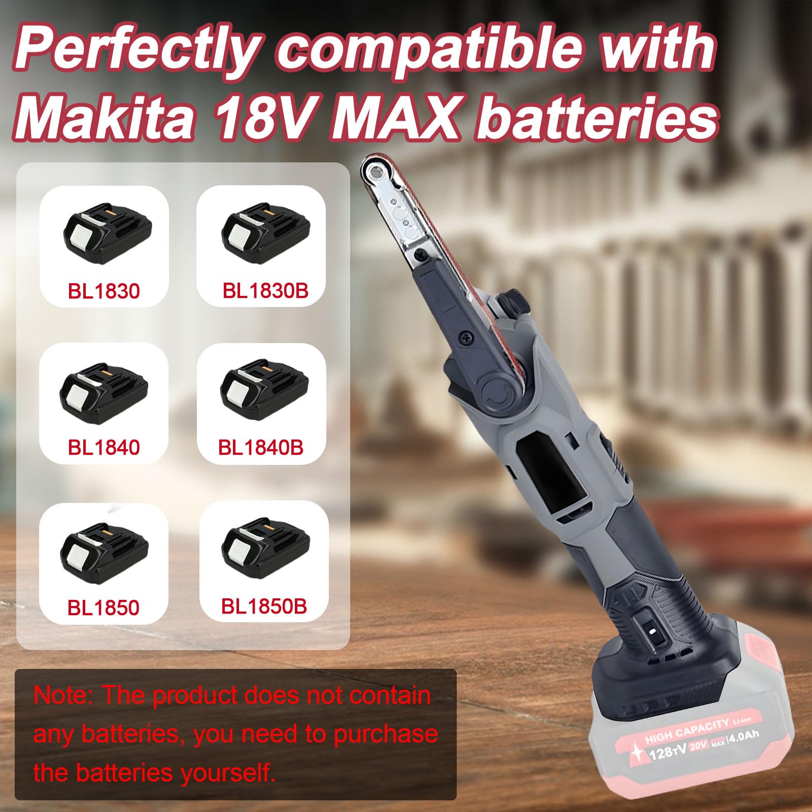 Akku Bandschleifer kompatibel mit Makita 18V, Elektrische Fingerschleifer Feile 10x330mm, Multischleifer Bandfeile mit 3 Schleifbändern, 6 Geschwindigkeiten, 35° Einstellbare (ohne Akku)