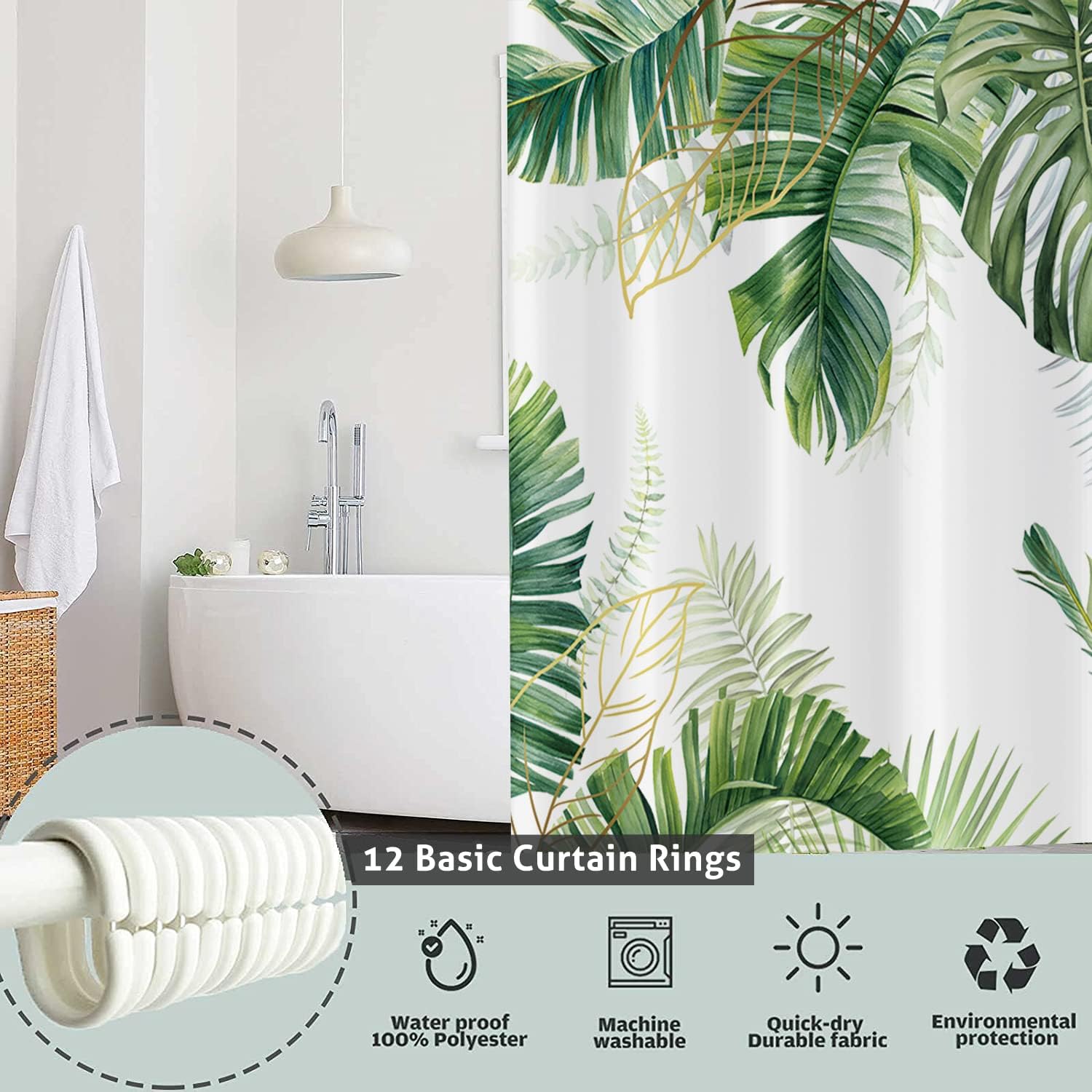 Tropical Plants Shower Curtain, Green Botanical Palms Monstera Leaf Gold Banana Leaves Bathroom Curtain Home Decor Waterproof Fabric Machine Washable with 12 Hooks