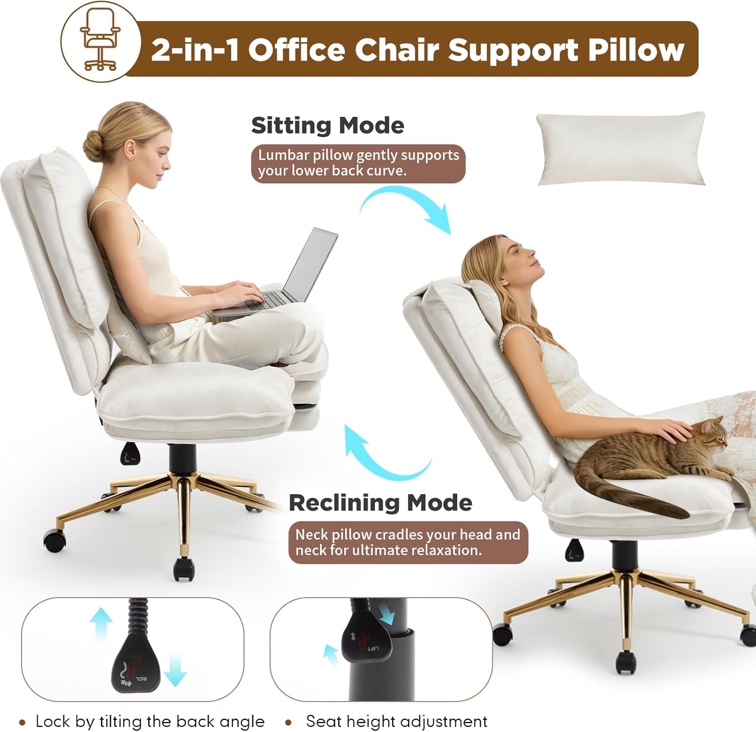 Criss Cross Office Chair with Wheels for Bedroom Vanity, Wide Seat Cross Legged Comfortable Reclining Office Desk Chair with Foot Leg Rest, White