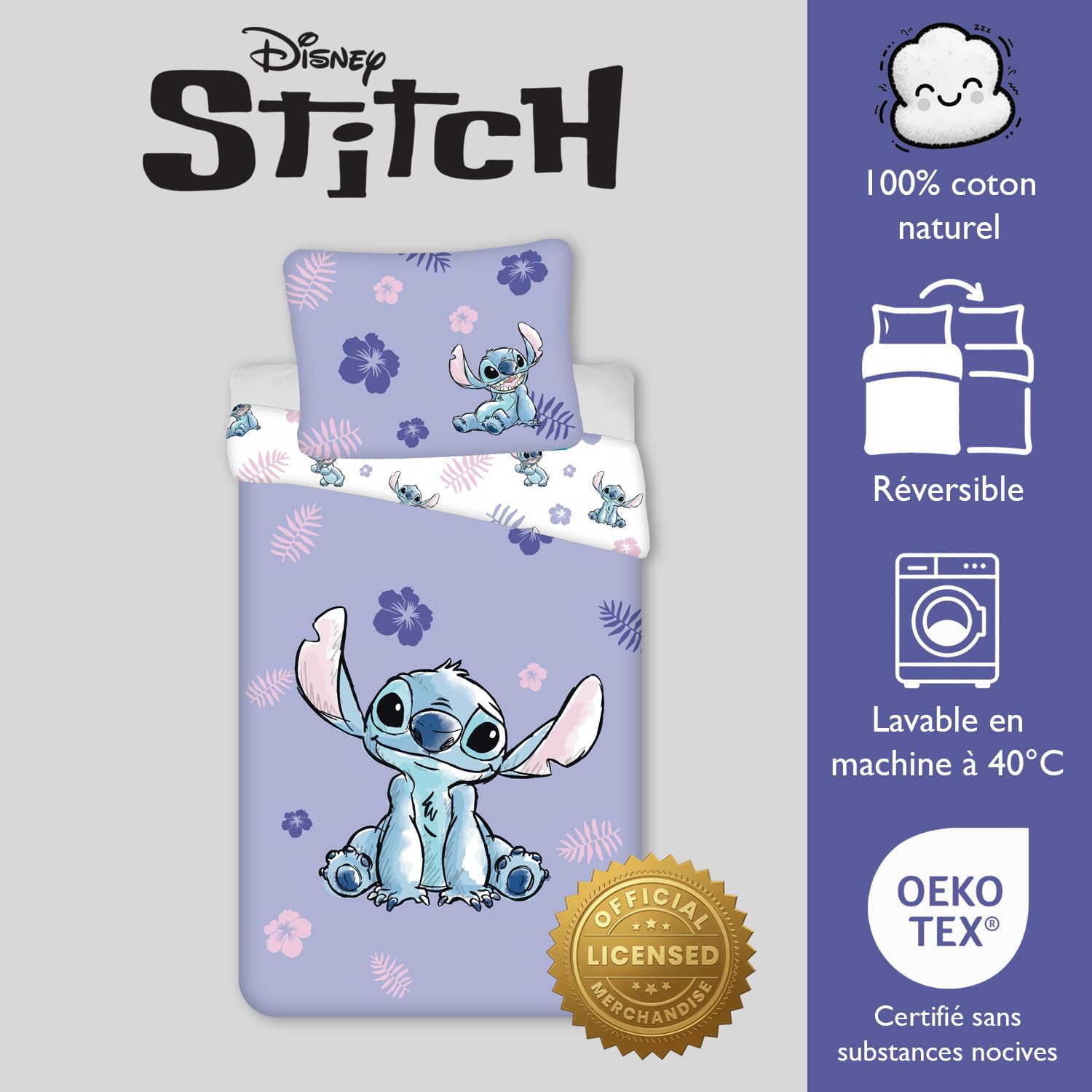 Stitch Lilo Blu Viola Copripiumino Singolo 140x200 + Federa 65x65 Cotone | Set lenzuola reversibile | Cotone naturale traspirante Oeko-Tex | Disney | Teen | Regalo | Lavabile in lavatrice