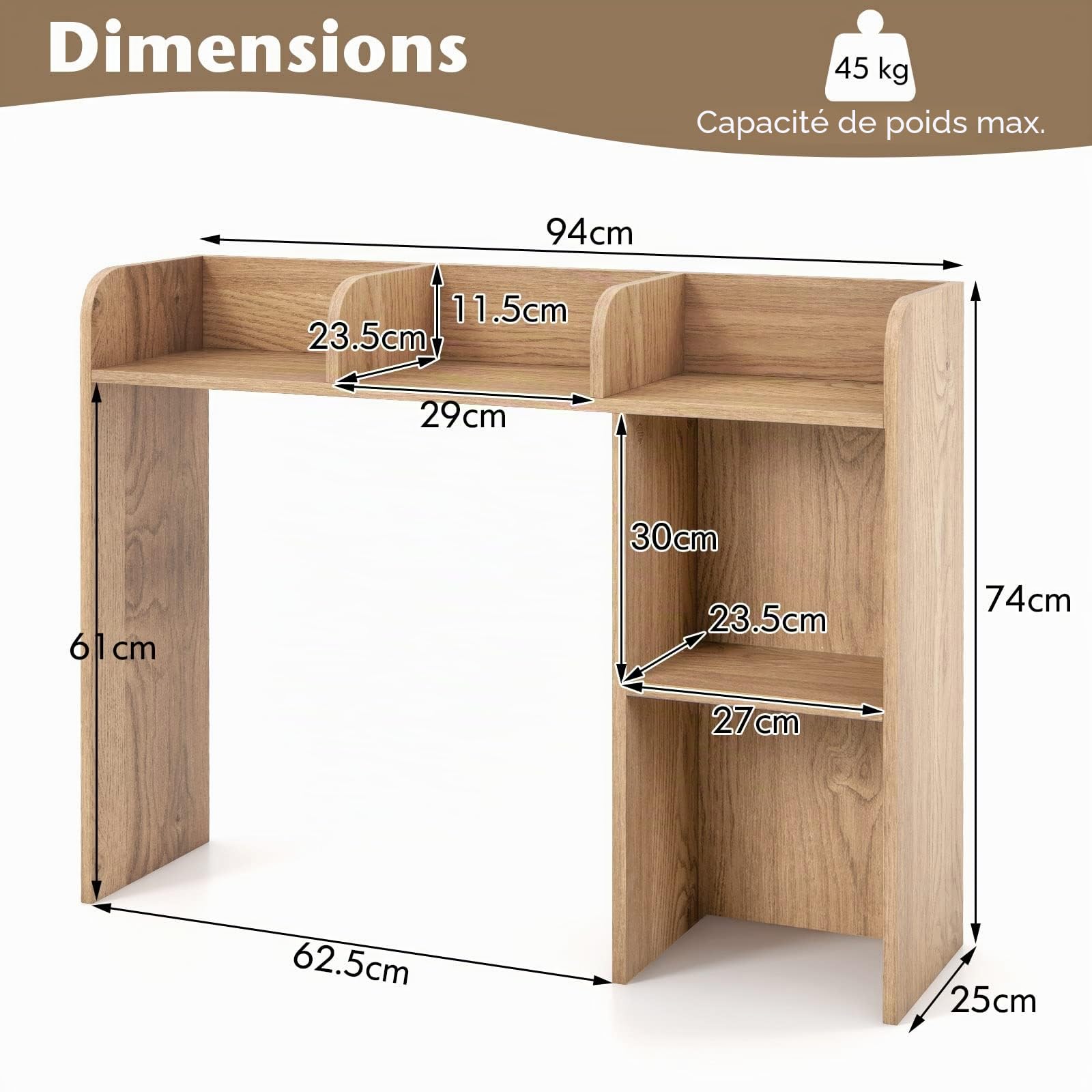 HOMASIS Étagère Bibliothèque de Bureau, Meuble de Rangement avec 4 Etagères et Compartiment Ouvert, en Panneau de Bois avec Dispositif Anti-basculement et Base Antidérapante, 94 x 25 x 74 cm (Brun)