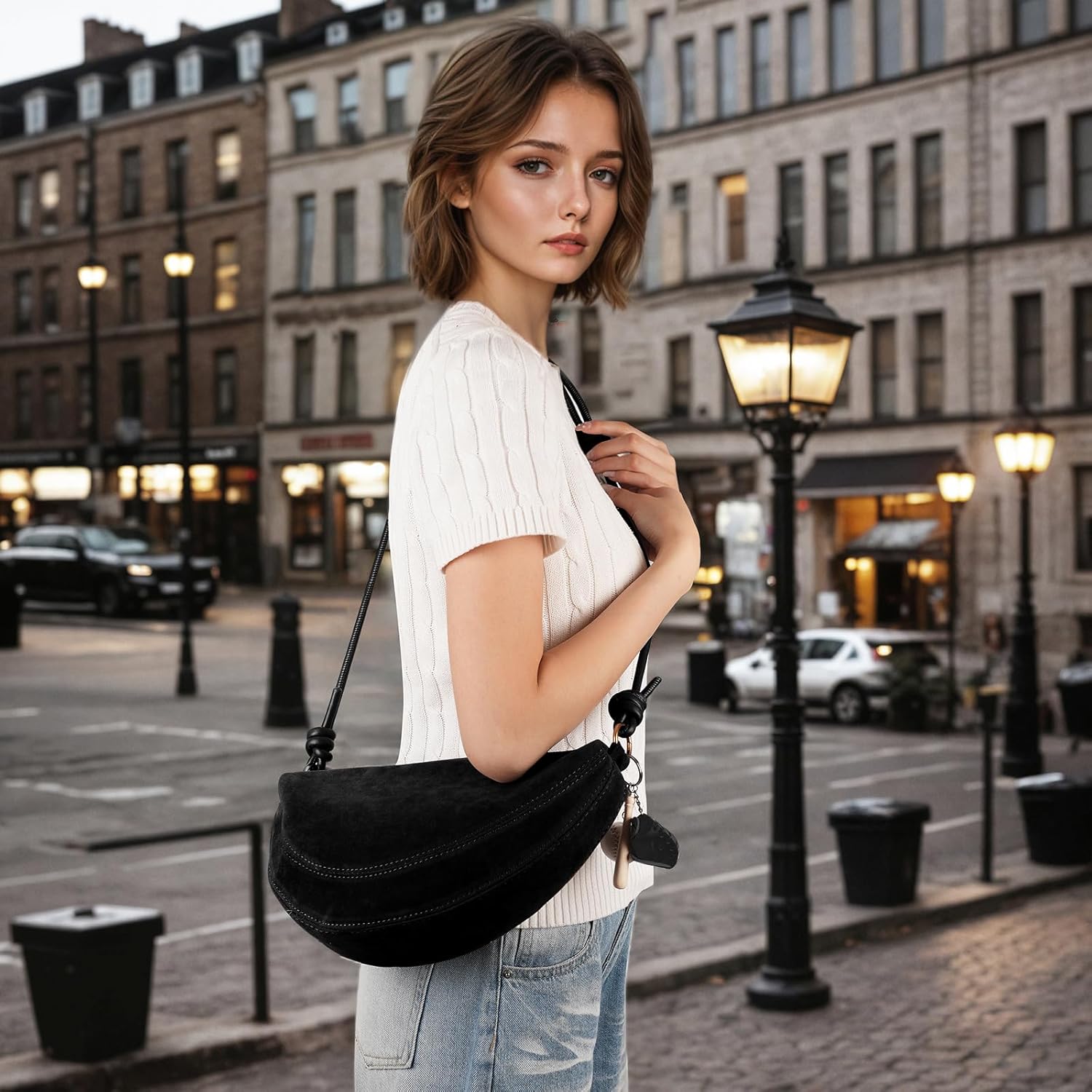 Small Crossbody Bag Women Suede Dumpling Handbags Shoulder Hobo Purse with Baseball Charms Adjustable Shoulder Strap Unique - Image 2