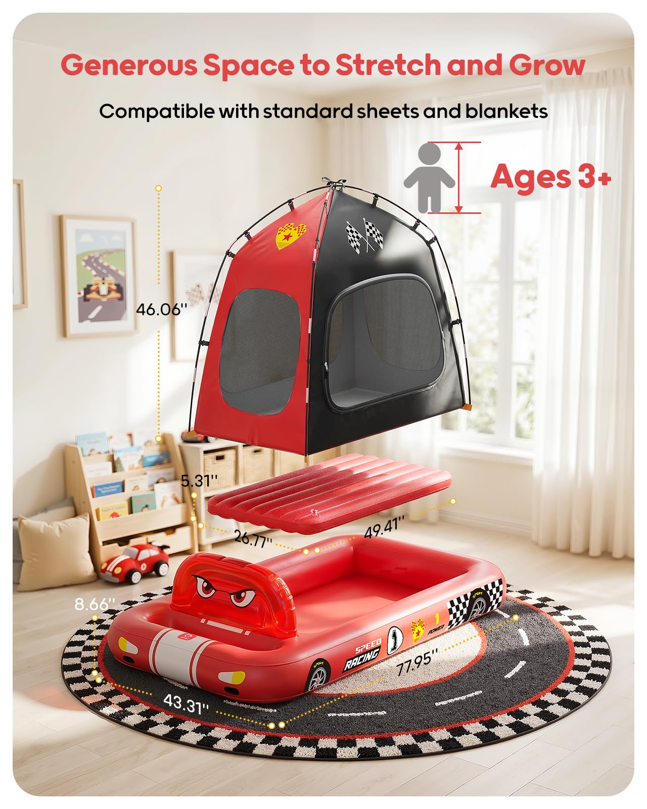 QPAU Colchón de aire en forma de coche de carreras para niños con tienda de campaña y bomba, colchón de aire portátil para casa, viajes y camping, a partir de 3 años