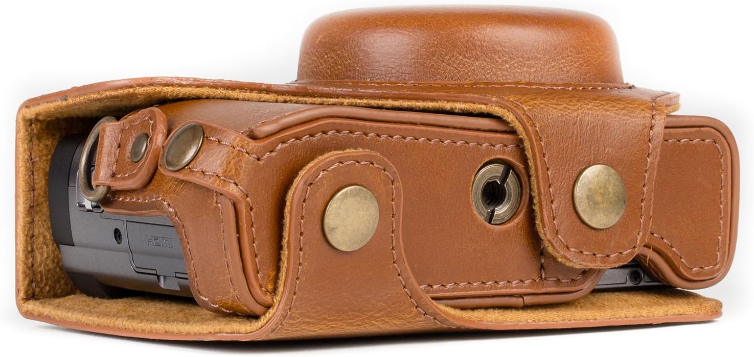 MegaGear MG1260 Ever Ready Leather Camera Case compatible with Panasonic Lumix DC-ZS80, DC-ZS70, DC-TZ95, DC-TZ90 - Light Brown