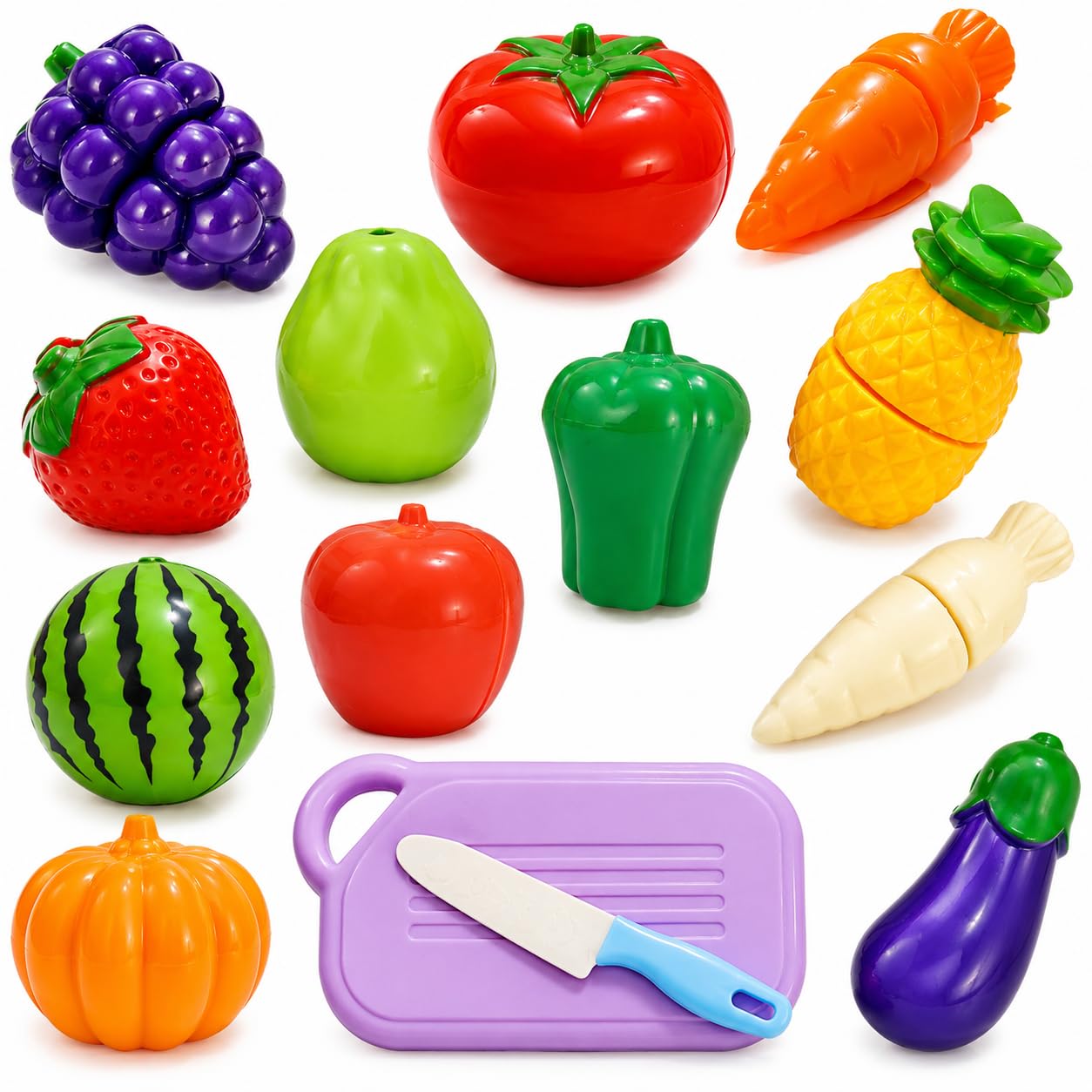 PLUSPOINT 14 PCS Food Cutting Toy for Kids, Pretend Play Kitchen Set of Fruit & Vegetables Set Includes 6 Fruits, 6 Vegetables,1 Board,1 Knife for Girls and Boys (Fruits n Veggies 14pc)-image-31