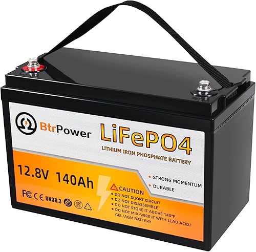 BtrPower Batería de litio de 12 V 140 AH, batería LiFePO4 de ciclo profundo 5000+ con BMS integrado de 100 A para almacenamiento en el hogar, motor