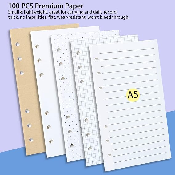 A5 Refill Paper Set, A5 Flipchart Paper with 6 Holes and Housekeeping Cards, Zip Pockets, Dividers, Rulers, Sticky Notes, Etc. for 6-Ring Binder Journal Notebook