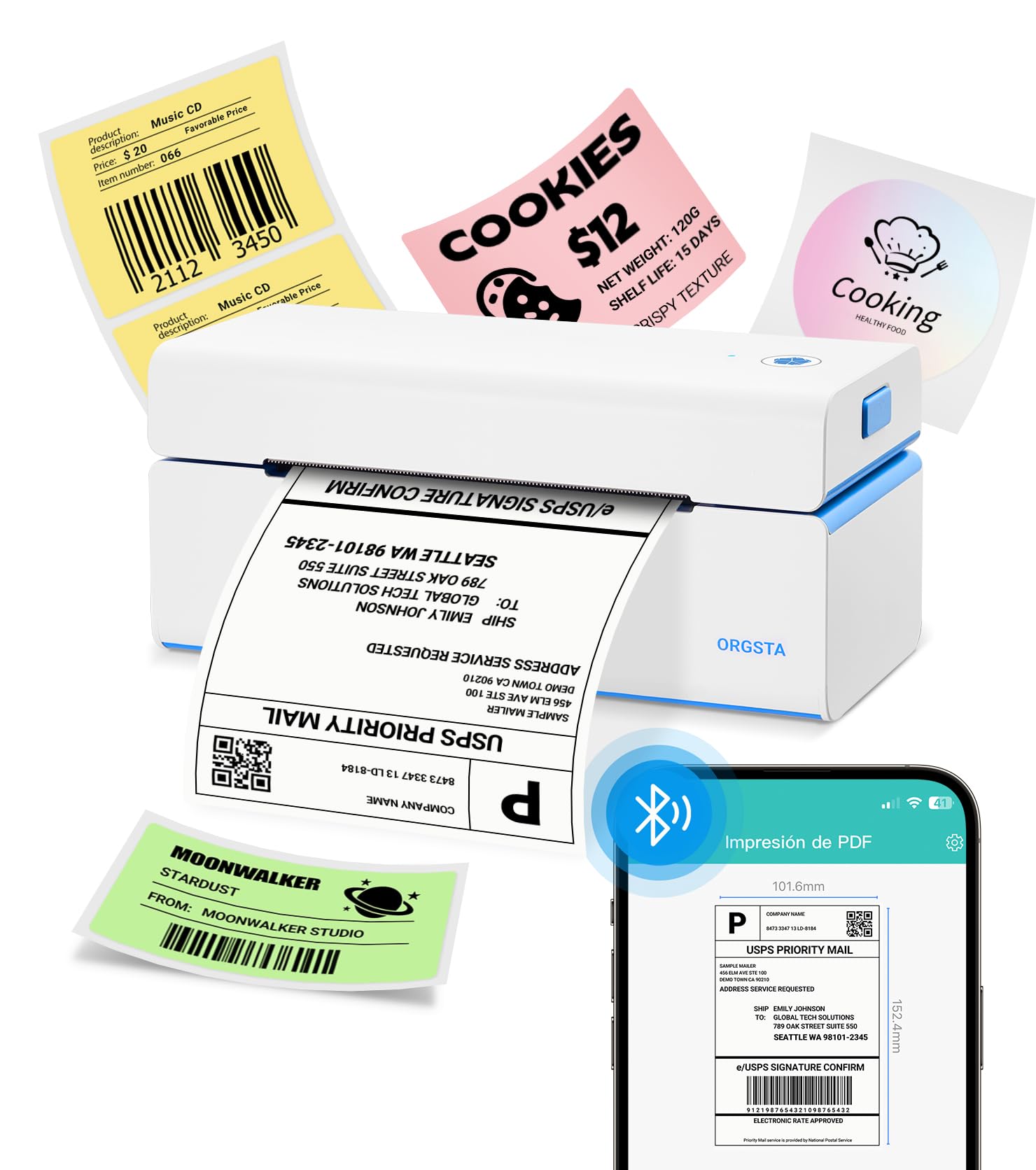 ORGSTA Impresora Termica T001 Plus Bluetooth Impresora de Etiquetas de Envío 4x6 Impresora Etiquetas Autoadhesivas Etiquetadora