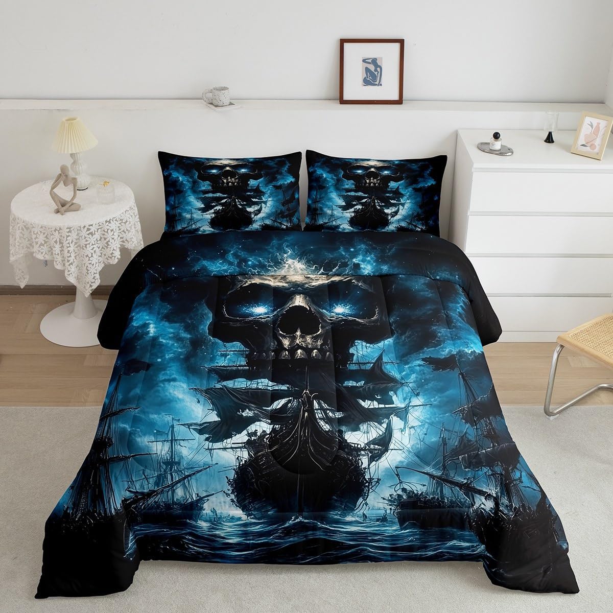 Castle Fairy Pirate Ship Kids Queen Comforter Sets,Nautical Adventure Bedding Set for Teens Children,Captain Skull Ocean Themed 3 Pieces Quilt Sets,Navy Blue Sky Tie Dyed Duvet Insert,2 Pillow Cases
