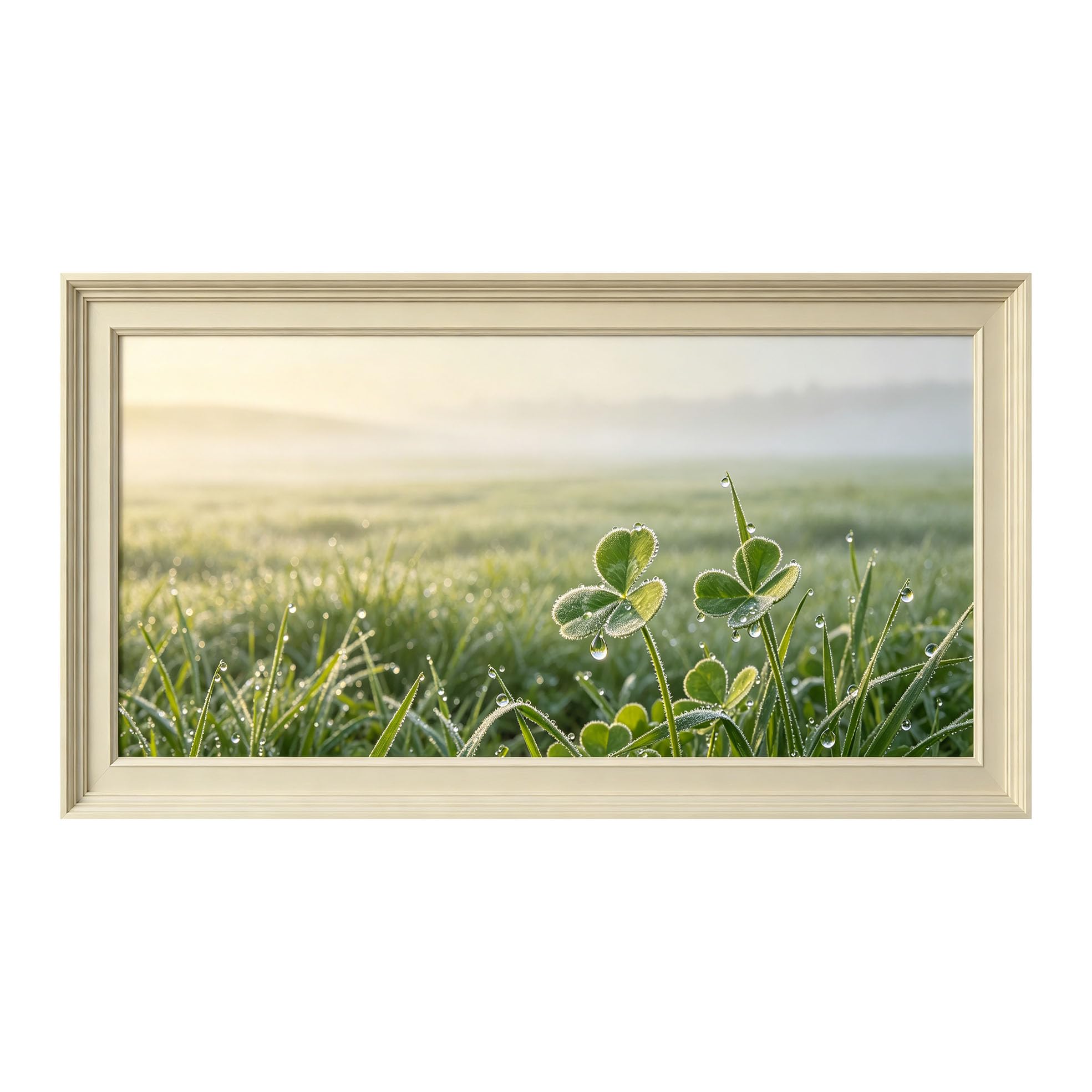 Yzpallescene 3D Framed Wall Art 50cm×100cm Morning Dew Clover Leaf Botanical Meadow Panoramic Realistic Large Size SelfAdhesive Removable Wall Decor Prints Artwork for Living Room Bedroom Office