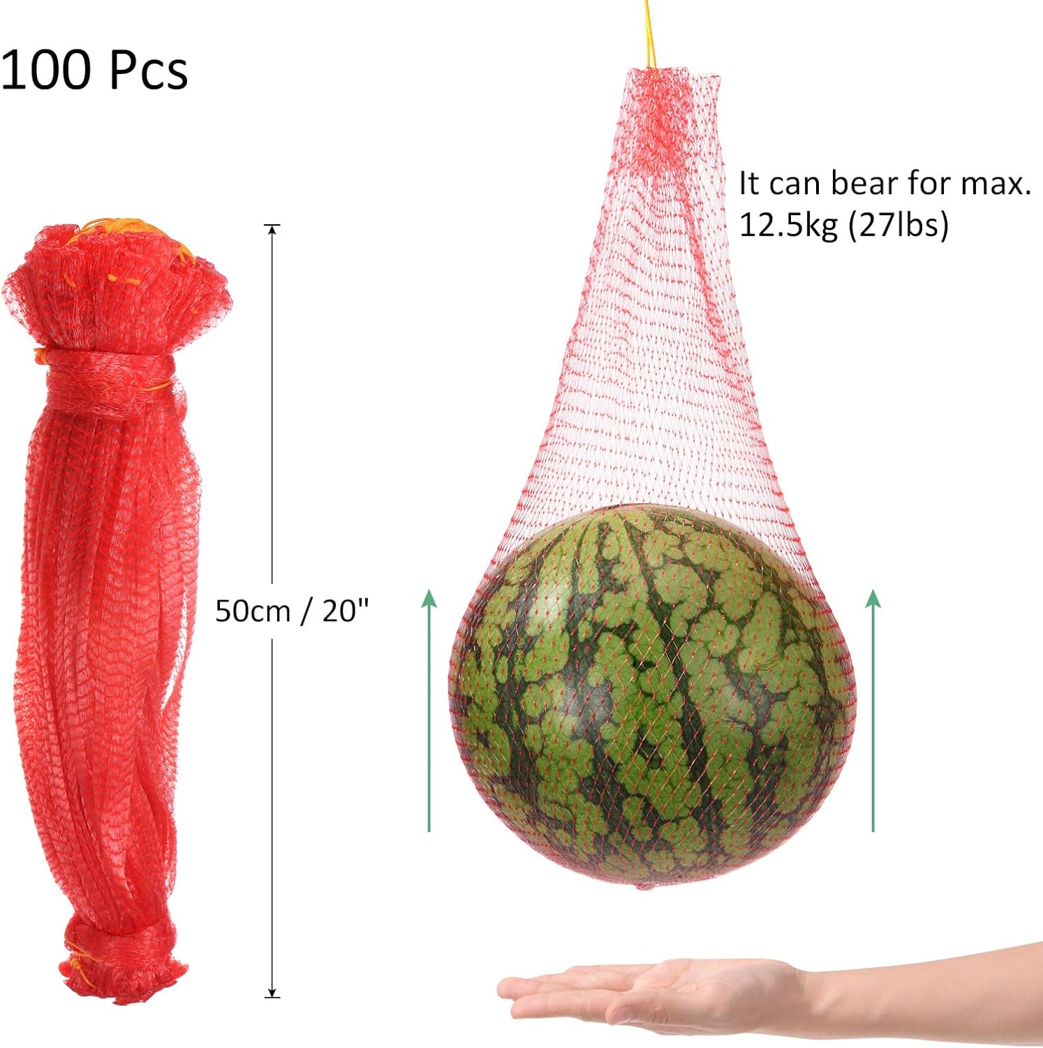 M METERXITY 100 Pcs Watermelon Nets - 50cm/20 Inches Melon Hammock Hanging Watermelon Support Nets Bags Reusable Melon Nets Melon Hammock for Trellis Apply to Garden(27lbs, Red)