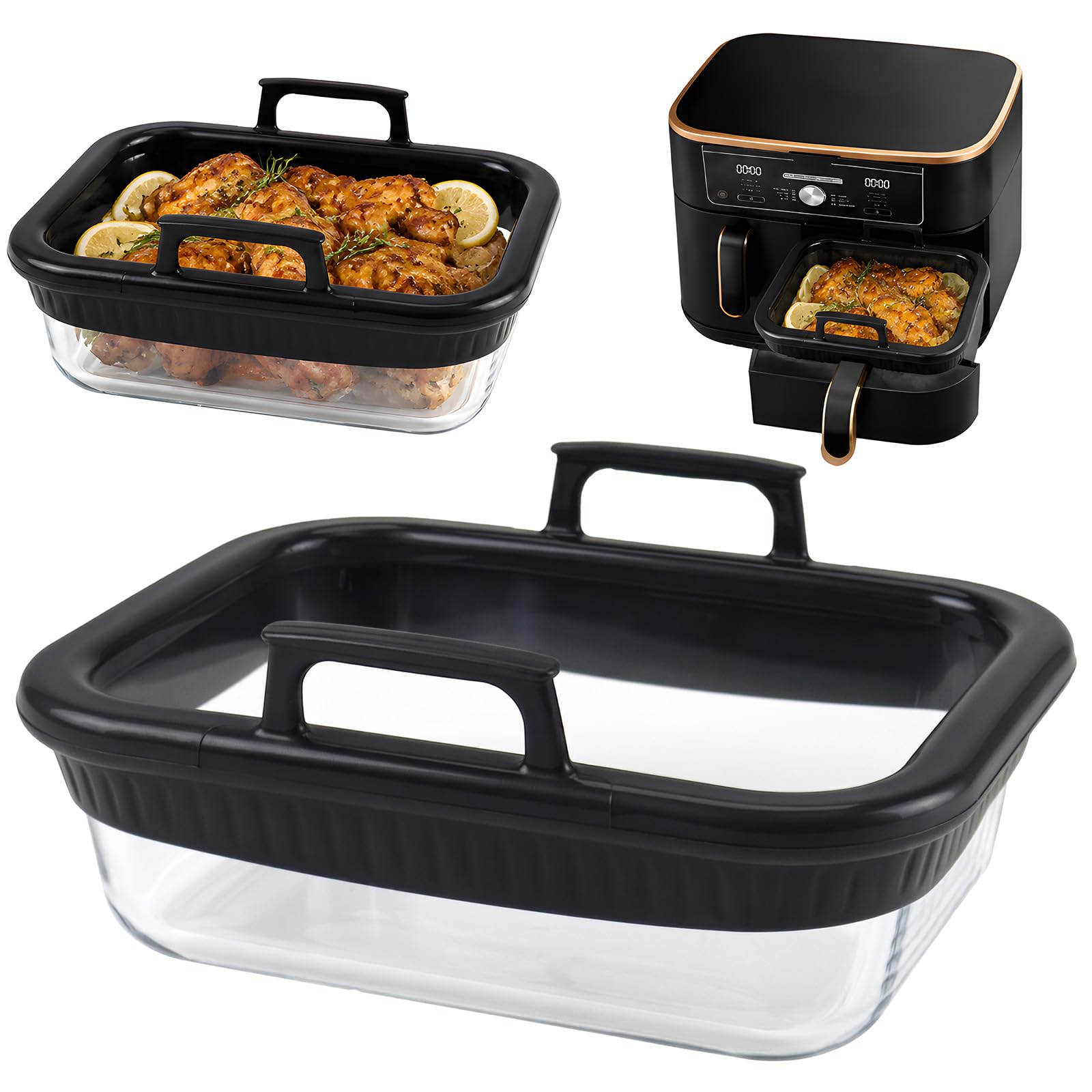 Recipiente Air Fryer,Recipientes Moldes Cristal Air Fryer Accesorios,Molde de Vidrio para Hornear para Airfryer AF400EU/ AF500EU,con Anillo de Silicona Desmontable y Asa,Apto para Lavavajillas