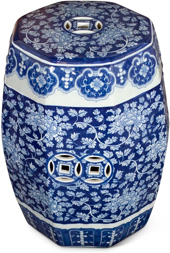 ChinaFurnitureOnline Blue & White Porcelain Octagonal Chinese Palace Garden Stool with Peony Flower Motif