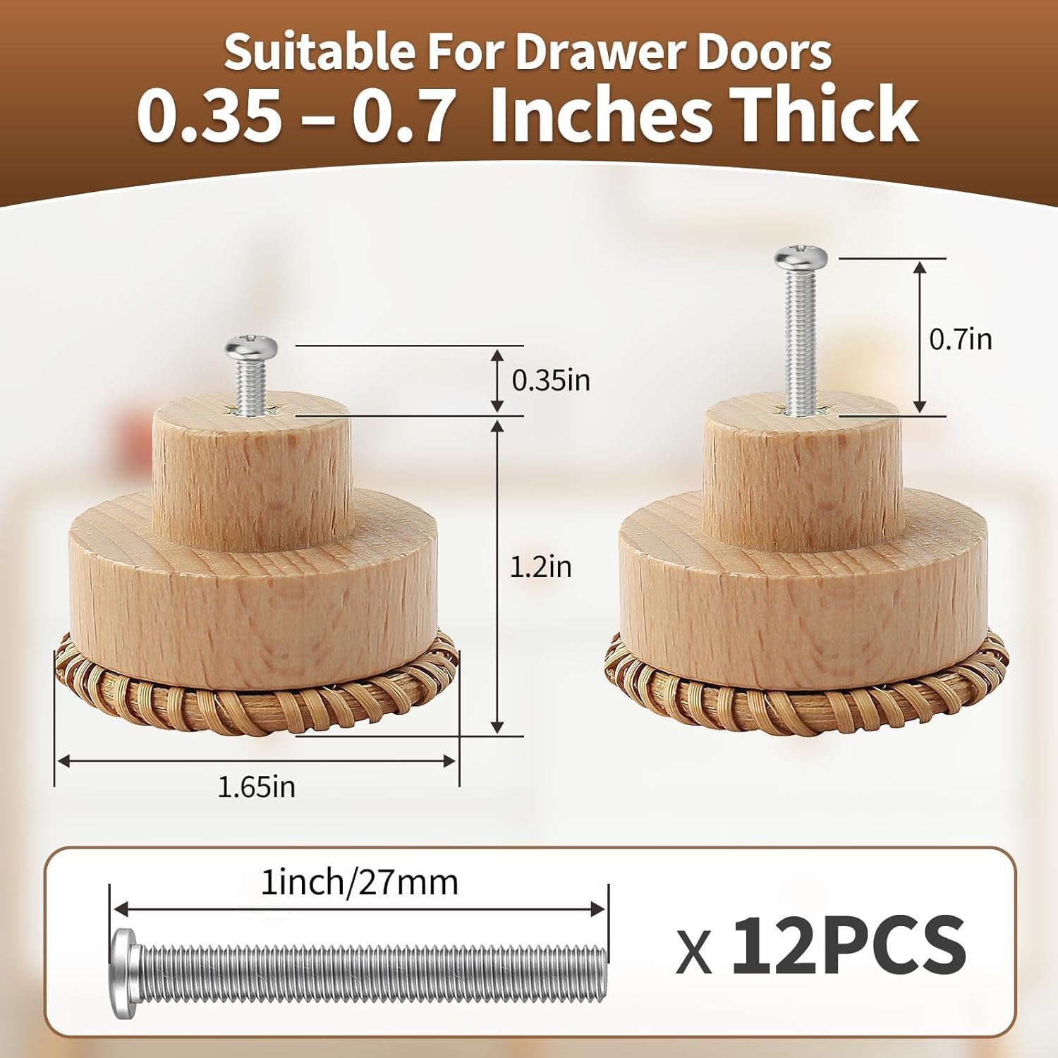 12 Pack Boho Wooden Rattan Dresser Knobs, Handmade Ratton Handles with 12 Screws, Beech Wood Drawer Pulls for Ktichen, Closet, Cabinet Decorative, Nursery, Furniture, Bathroom (Burlywood)