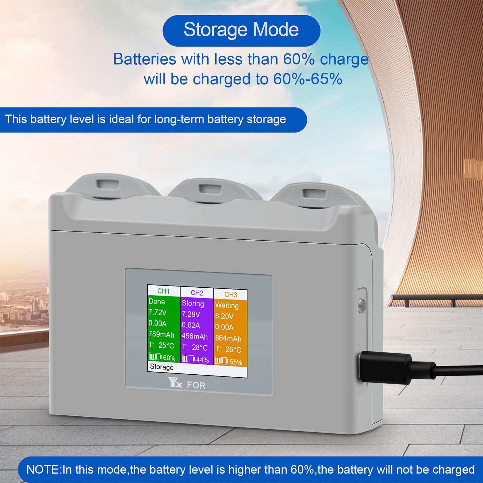 Station de charge de batterie à écran LCD 3 voies avec capacité de stockage et de charge rapide