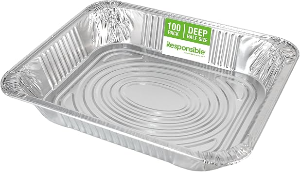 Responsible Products Half Size DEEP Steam Table Pans 9 x 13, Forever-RecyclableTM Aluminum, Extra Strength for Take Out, Cooking, Baking, Freezing and Meal Prep 100 Count