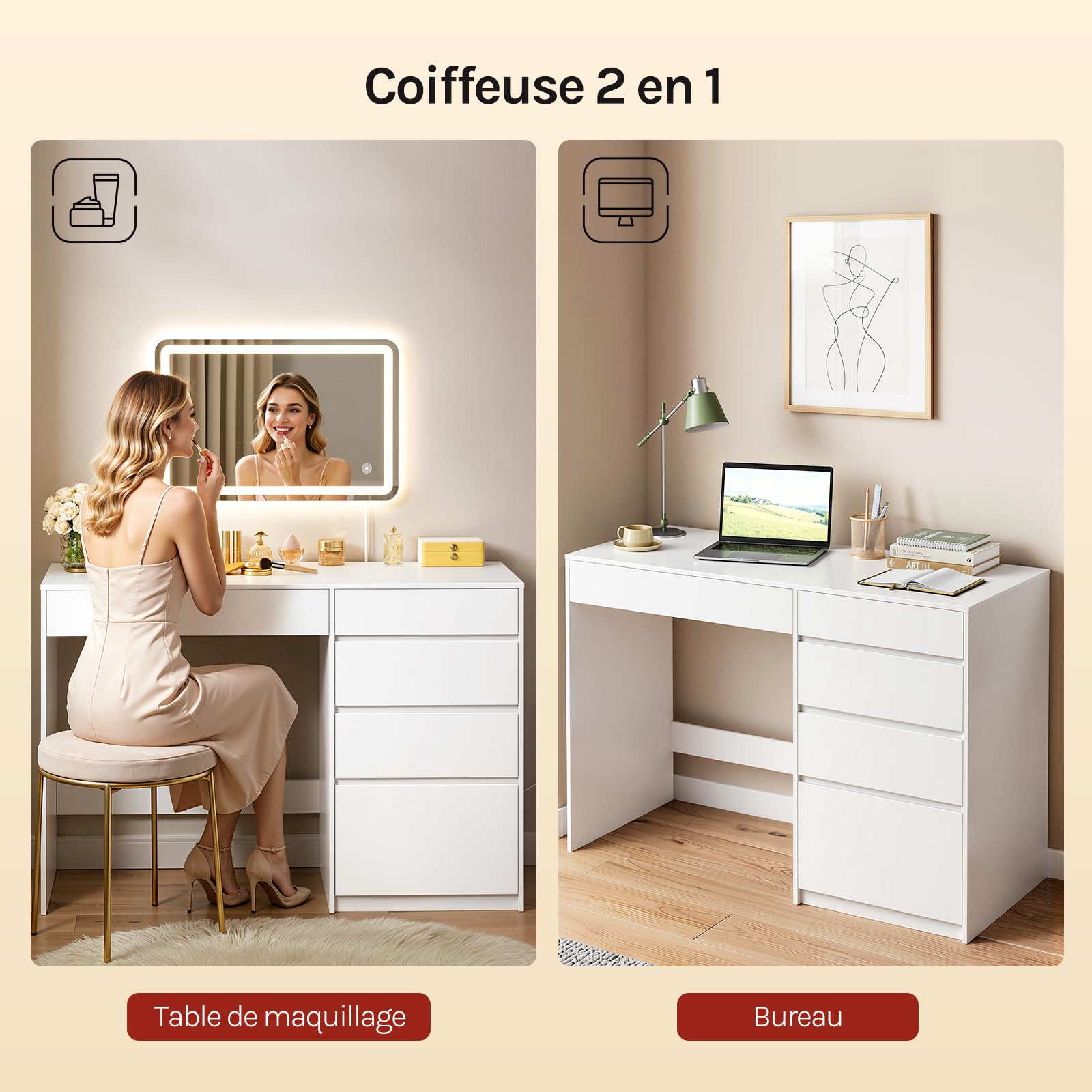 WOLTU Coiffeuse Bureau 2 en 1 avec Miroir LED, 5 tiroirs, Table Maquillage avec Miroir Mural 60x40 cm, 100x45x75 cm, Meuble Chambre Moderne en Bois, Blanc
