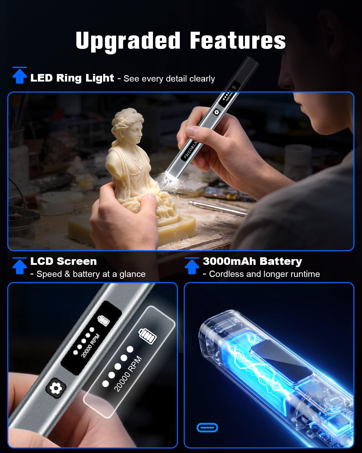Penna per incisione, penna per incisione elettrica con display LCD, luce LED, 5 velocità, oltre 30 accessori e ricarica rapida USB-C strumento wireless portatile (grigio)