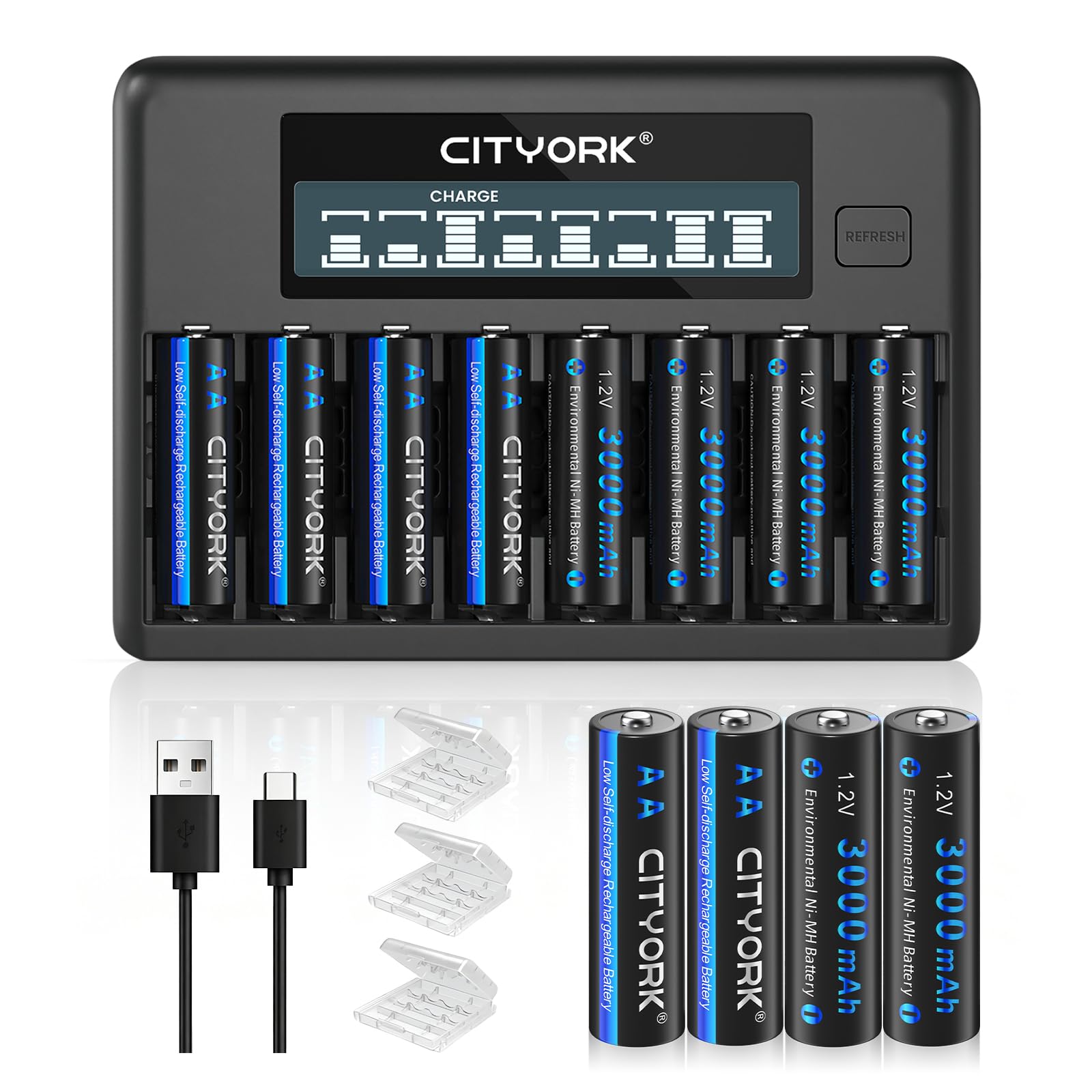 CITYORK Paquete de 12 baterías recargables AA de 3000 mAh 1.2 V Ni-MH con caja de batería con 8 bahías AA AAA LCD Smart 1.2 V NiMH/NiCd, carga rápida
