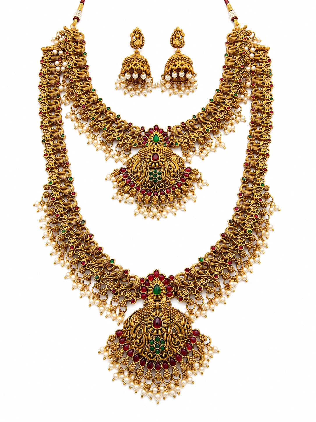 Gold Plated Temple Long Haram Necklace Set for Women | Traditional Lakshmi Design Bridal Jewelry Set with Matching Jhumka Earrings | South Indian Ethnic Artificial Jewellery-image-40