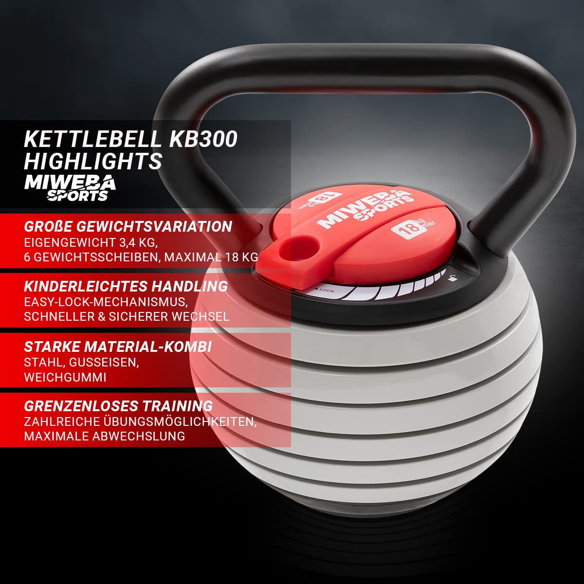 Miweba Sports Kettlebell verstellbar KB300 | 3,5-18 kg Gewichte - Easy Lock Kugelhantel - Einstellbares Kugelgewicht - Schwunghantel - Kettlebells - Hanteln - Fitness Hantel für Indoor & Outdoor