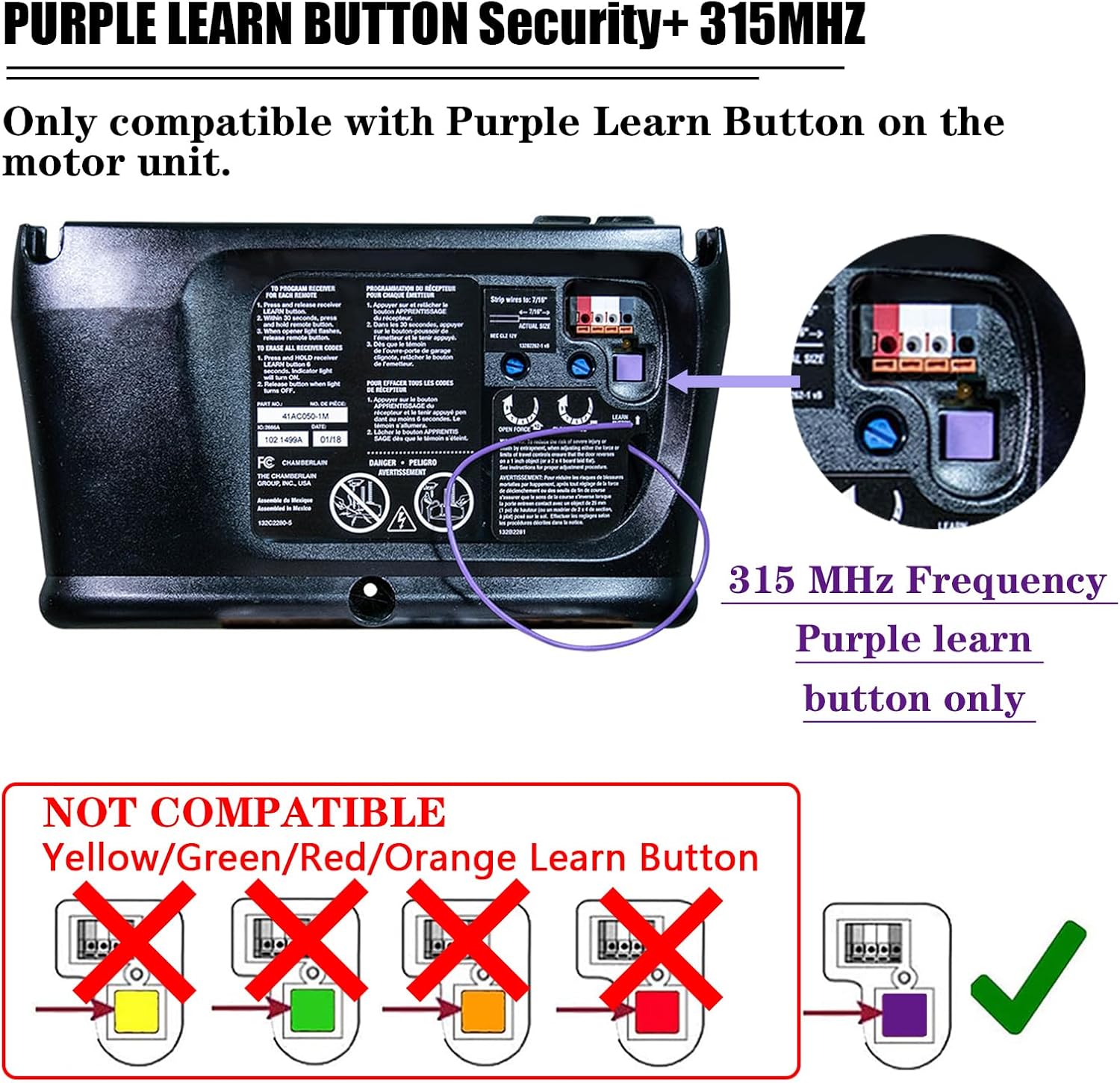 Diagram showing compatibility with Purple Learn Button 315MHz systems and incompatibility with other colors