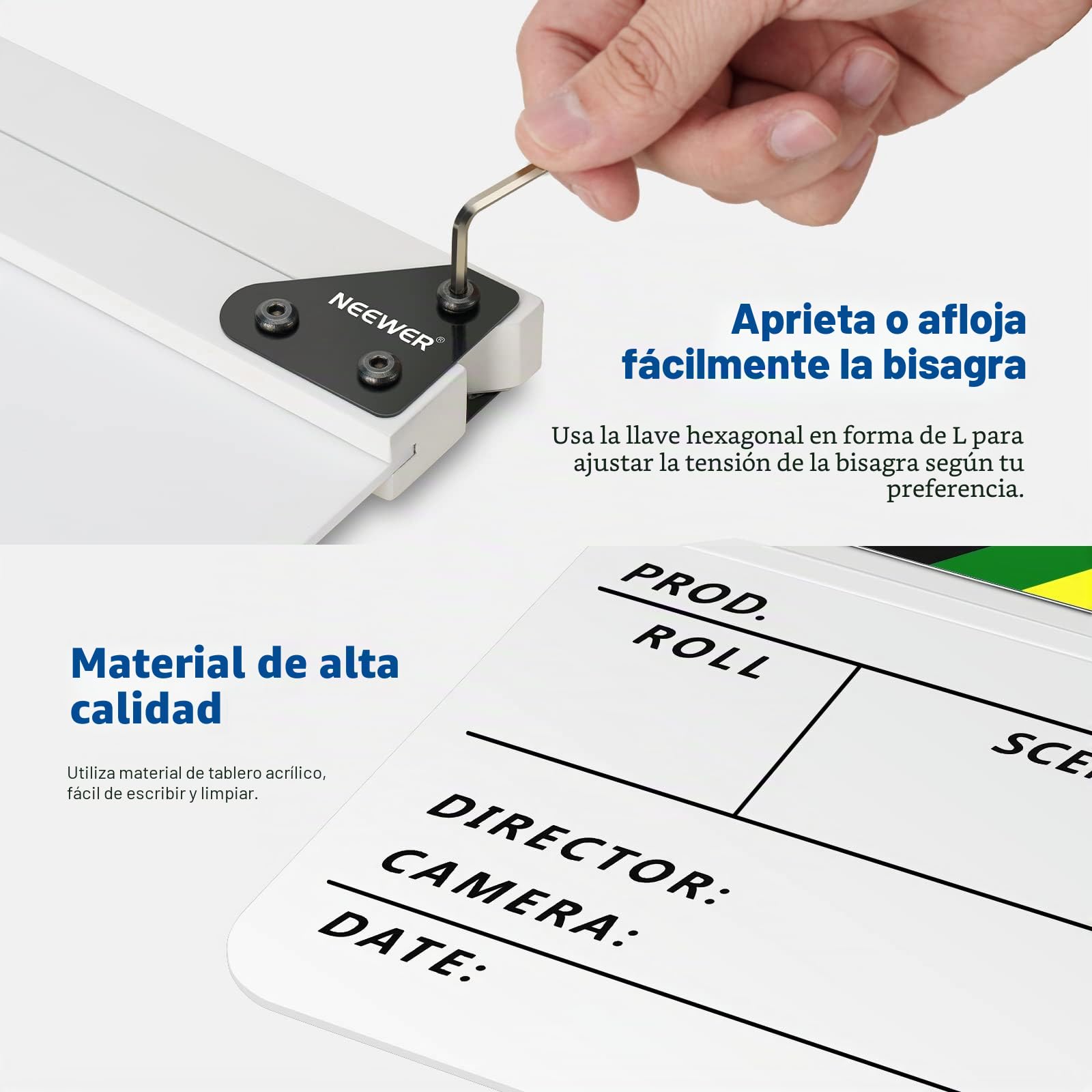 NEEWER Kit de Tablero de Claqueta Acrílica para Directores de Cine, Tablilla de Plástico de 12"x10" con 1 Borrador Magnético, 2 Bolígrafos al Agua, 1 Paño de Limpieza & Llave Hexagonal L (Blanco)