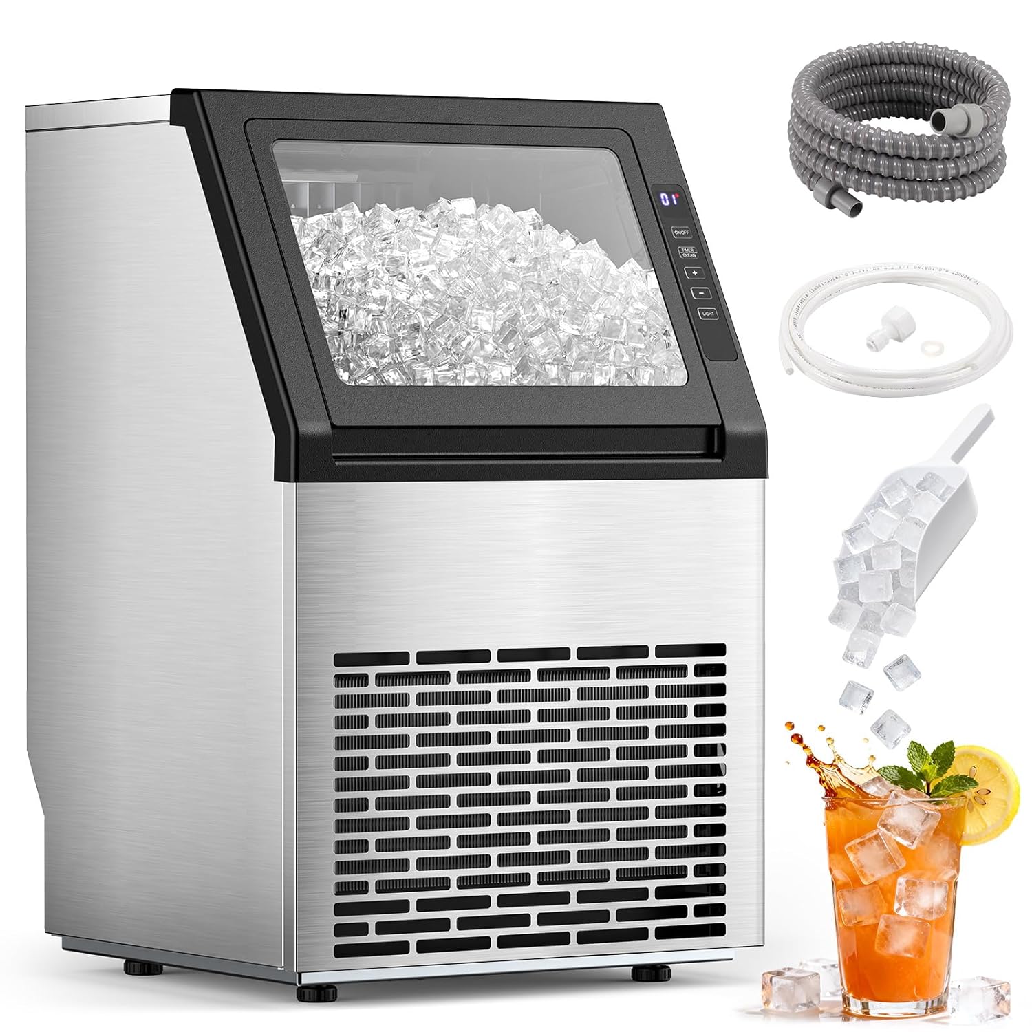Commercial Ice Maker Machine, 80Lbs/24H Undercounter ice Machine with 28Lbs Ice Storage Capacity, Auto Self-Cleaning, Stainless Steel Freestanding Ice Maker for Home/Bar/Restaurant/Outdoor