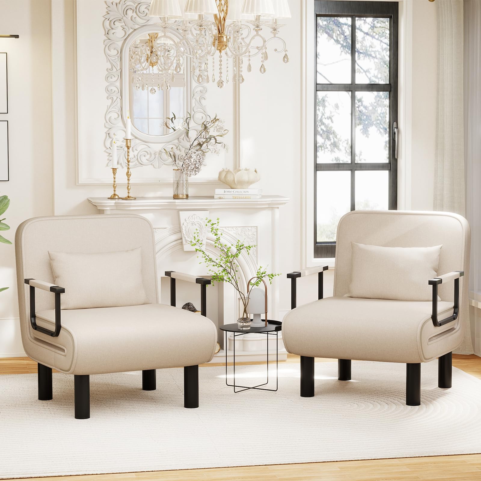 Chauffeuse Canapé-Lit 4-en-1, Chauffeuse 1 Place, Fauteuil Lit Convertible, Lit d'Appoint Chaise Longue avec Dossier Réglable en 6 Positions et Coussin pour Salon Chambre Bureau, Beige