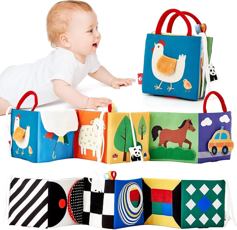 Baby Books Double-Sided High Contrast Newborn Toys | Baby Tummy Time Books 0-6 Months with Crinkle, Squeaky Sounds, Touch Feel, Visual Stimulation