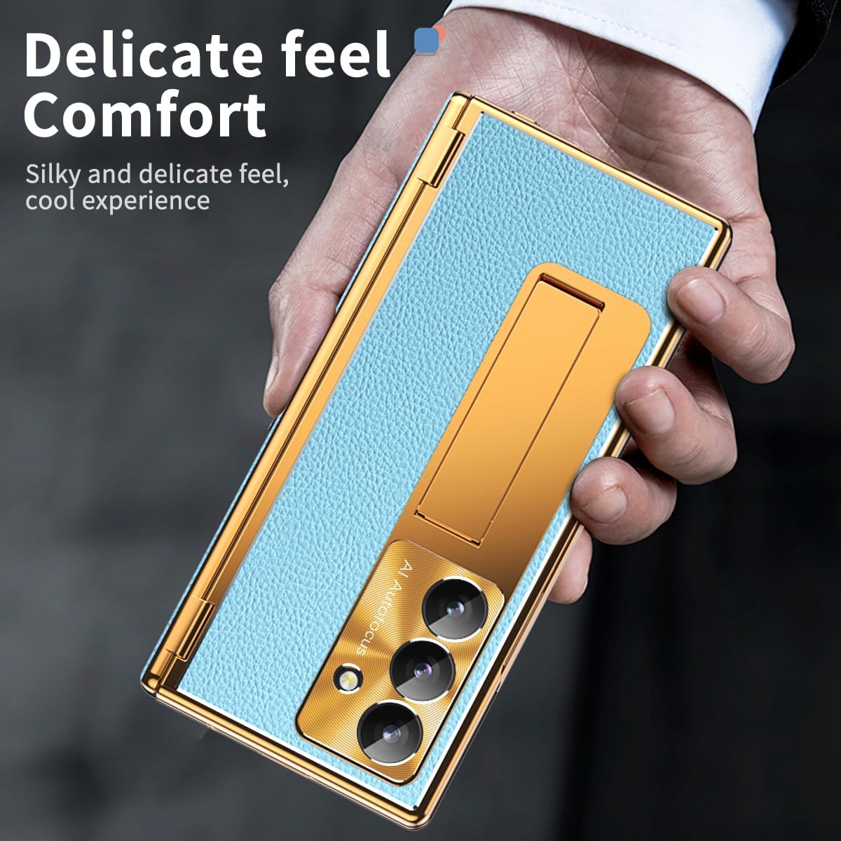 for Samsung Galaxy Z Fold 7 Case with S Pen Holder & Stylus, [Two Hinge Cover] Z Fold 7 Leather Case Kickstand Screen Protector Camera Protector Protective Cover for Z Fold 7 Gold+Blue