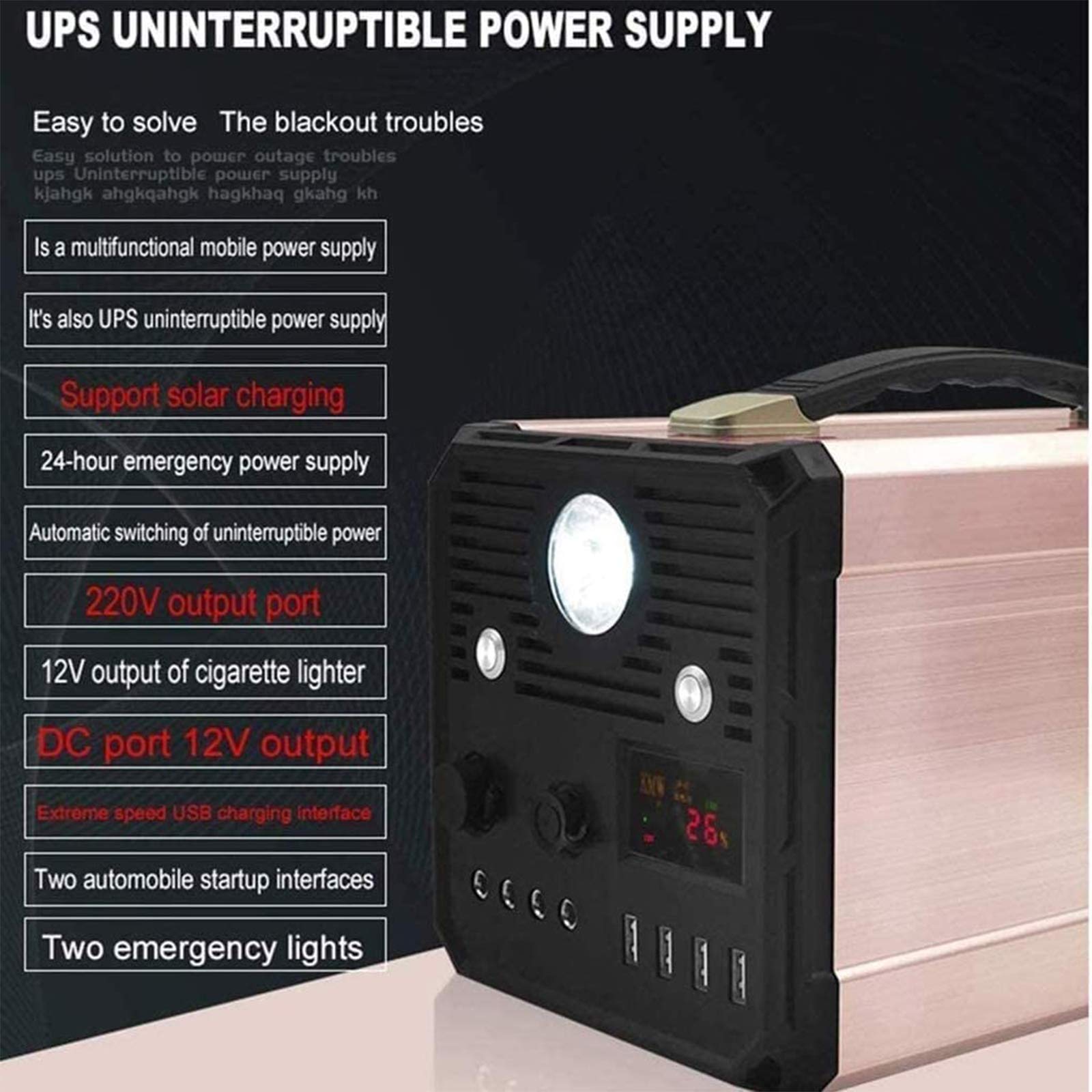 Przenośna stacja zasilająca 1000 W, generator solarny 100 Ah, akumulator litowy, panel słoneczny, 4 porty USB, 4 porty DC, gniazdko AC, gniazda zapalniczki samochodowej, lampy zewnętrzne