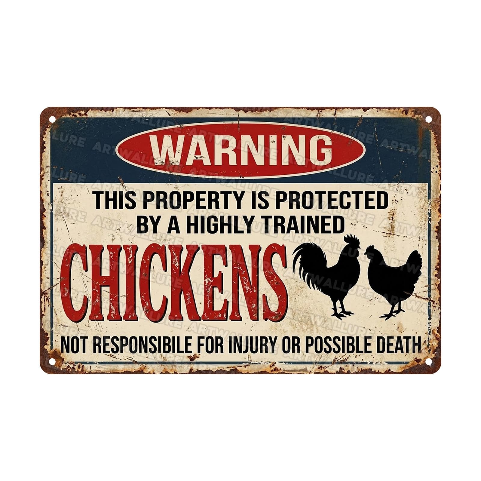 Funny Warning Sign Metal Plaque Humorous Chicken Decor Protected By Highly Trained Chickens Farm Sign Poultry Owners Farmers Coop Yard Garden Farm Fence 8x12Inch