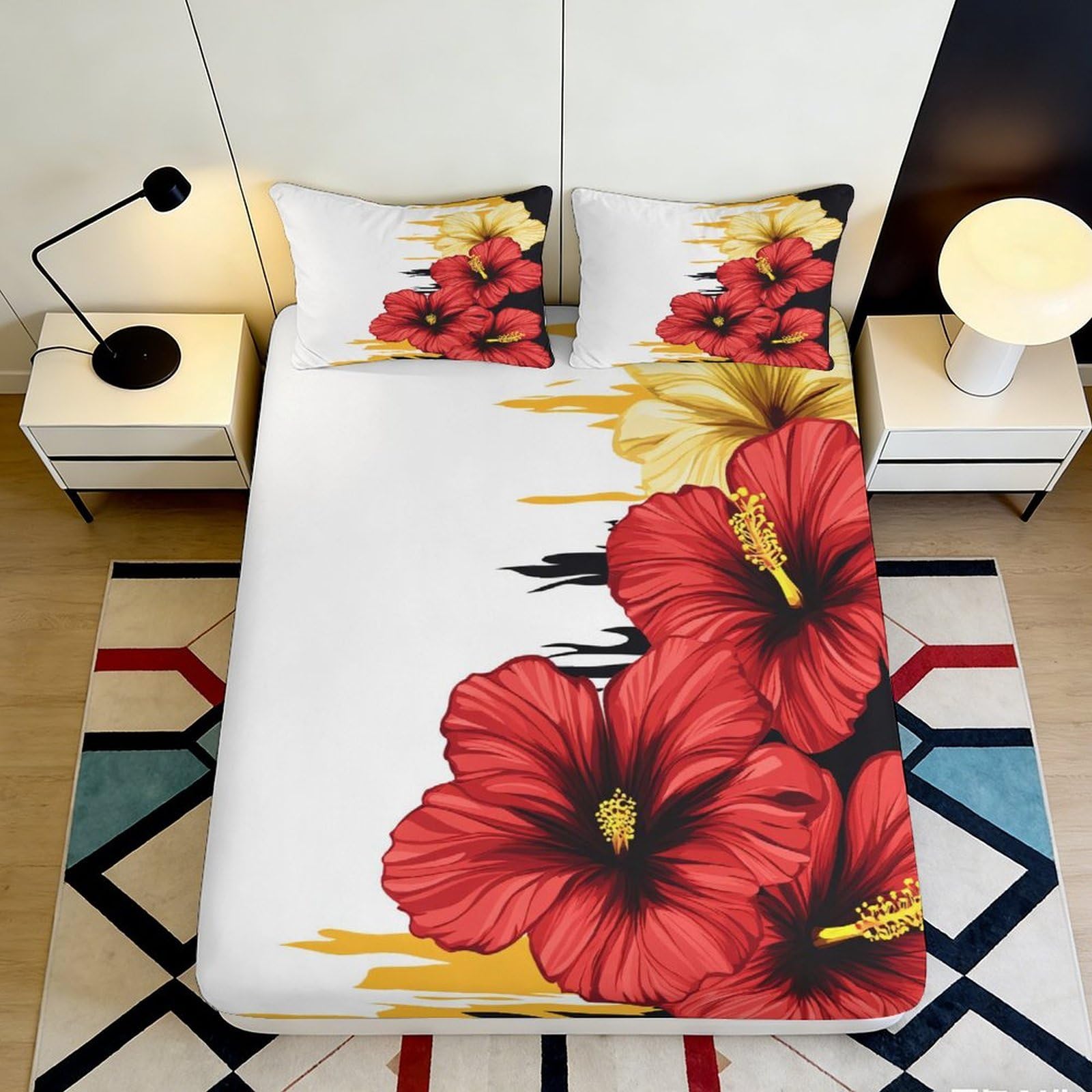 3D Printed Hibiscus Blossom Fitted Sheet Microfiber Soft Non-Slip Tropical Flower Mattress Cover for Bedroom Decor 120x200x25cm