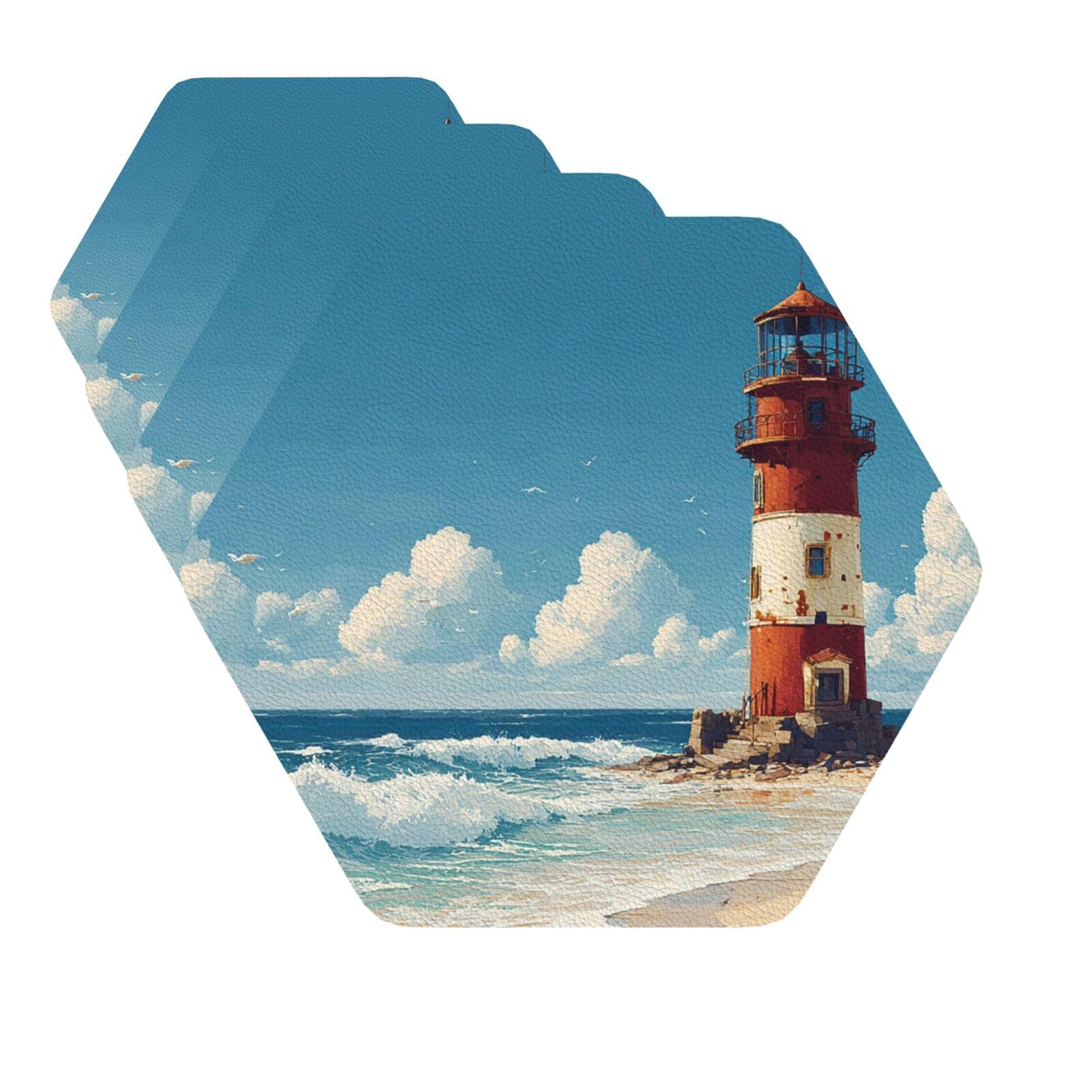 Drink Coasters Set of 4 Quick-Dry Leather Coaster Sea Lighthouse Sandbeach Coasters for Drinks Coffee Cup Mat Tabletop Protection Heat Resistant Coaster for Kitchen Bar Office Home Decor