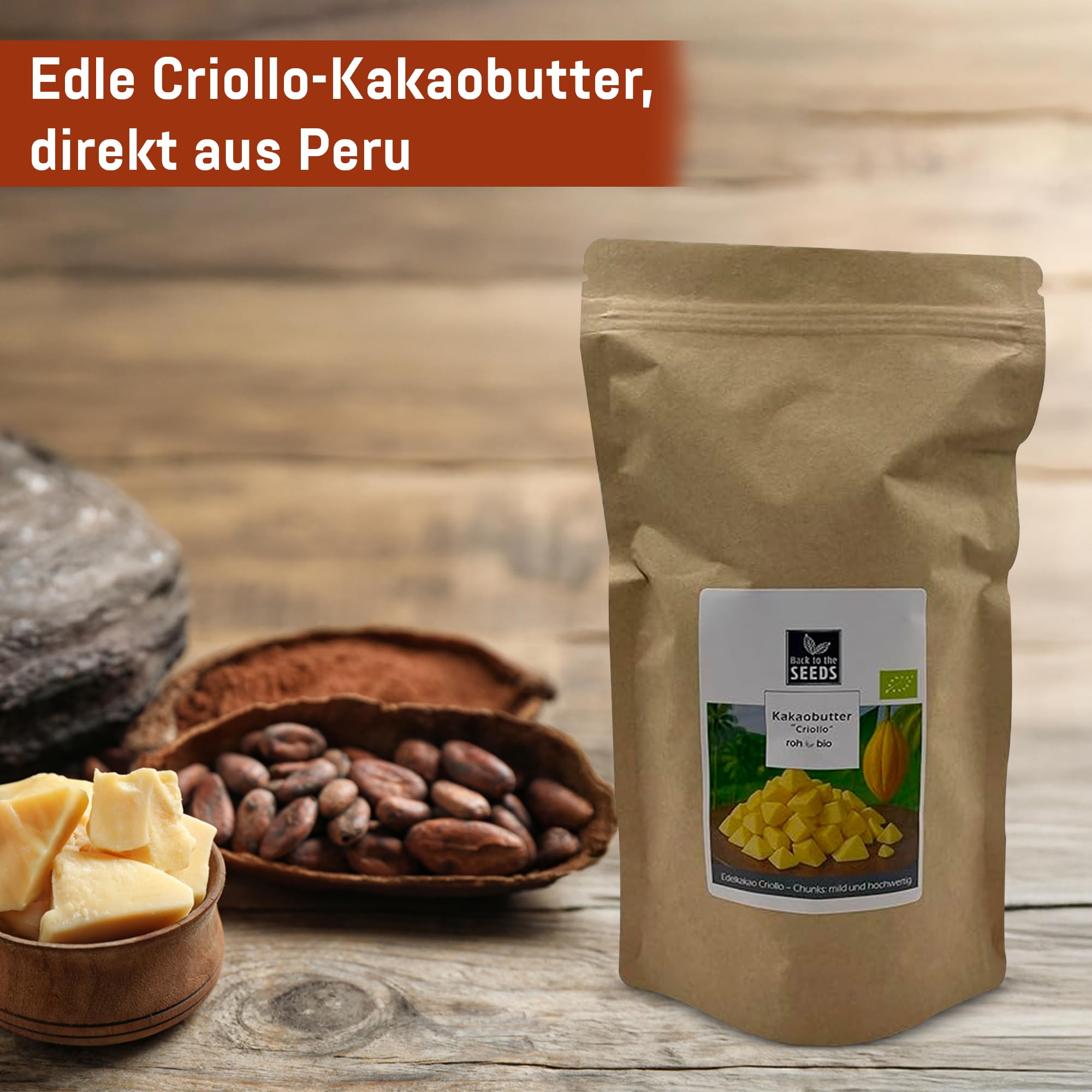 Bio Edel­kakao Butter Chunks Criollo 600g – Rohkostqualität | Naturbelassene Kakao­butter aus Criollo Bohnen | Vegan & Superfood für Backen, Smoothies & Desserts