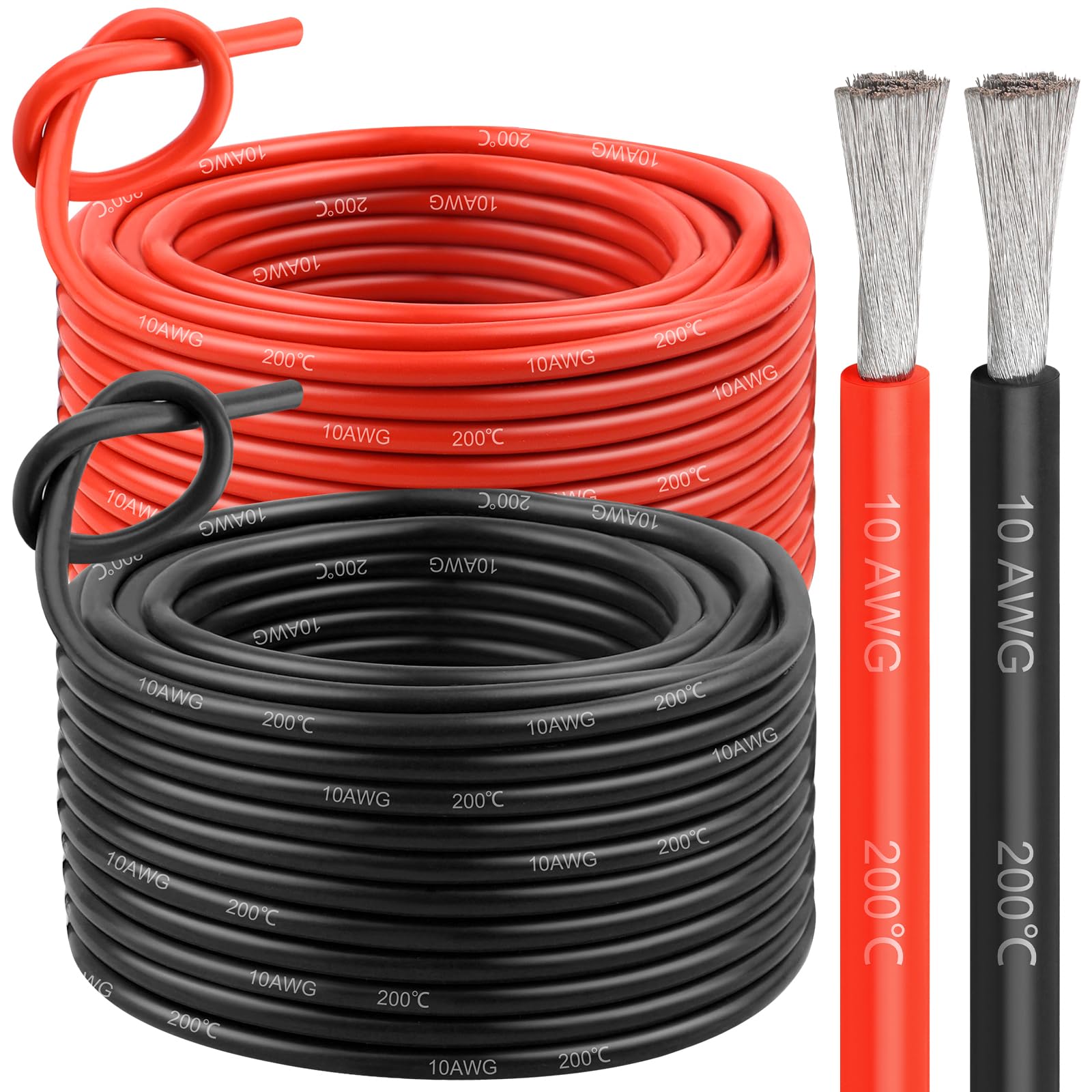 10 Gauge Copper Electrical Wire 100 Feet,10 AWG Tinned Pure Copper Battery Cable,10AWG Red and Black OFC Stranded Low Voltage Wire for Solar Panel,Car