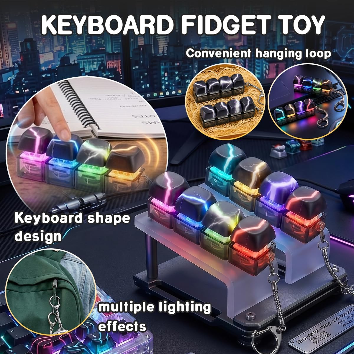2 Pack Keyboard Fidget Toy with LED Lights and Keychain, Stress Relief Clicker for Adults, Loud Clicky Buttons with RGB Lightning Effects for Anxiety Decompression at Office Library Home