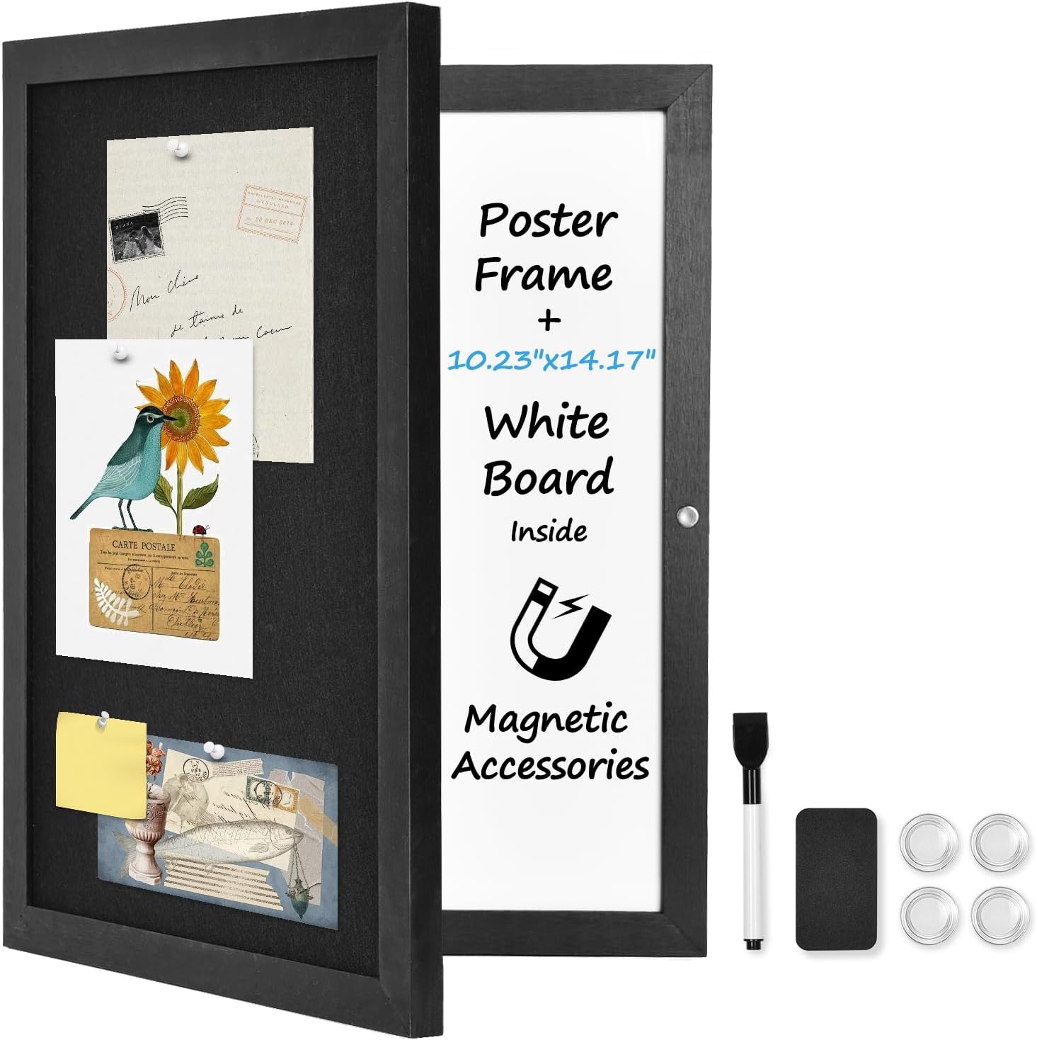 Black Wooden Frame Bulletin Board with Felt, 11.8 x 15.7 inch / 30x40cm Enclosed Whiteboard Inside, Secret Pinboard and Whiteboard for Office, Home (KMB-BK)