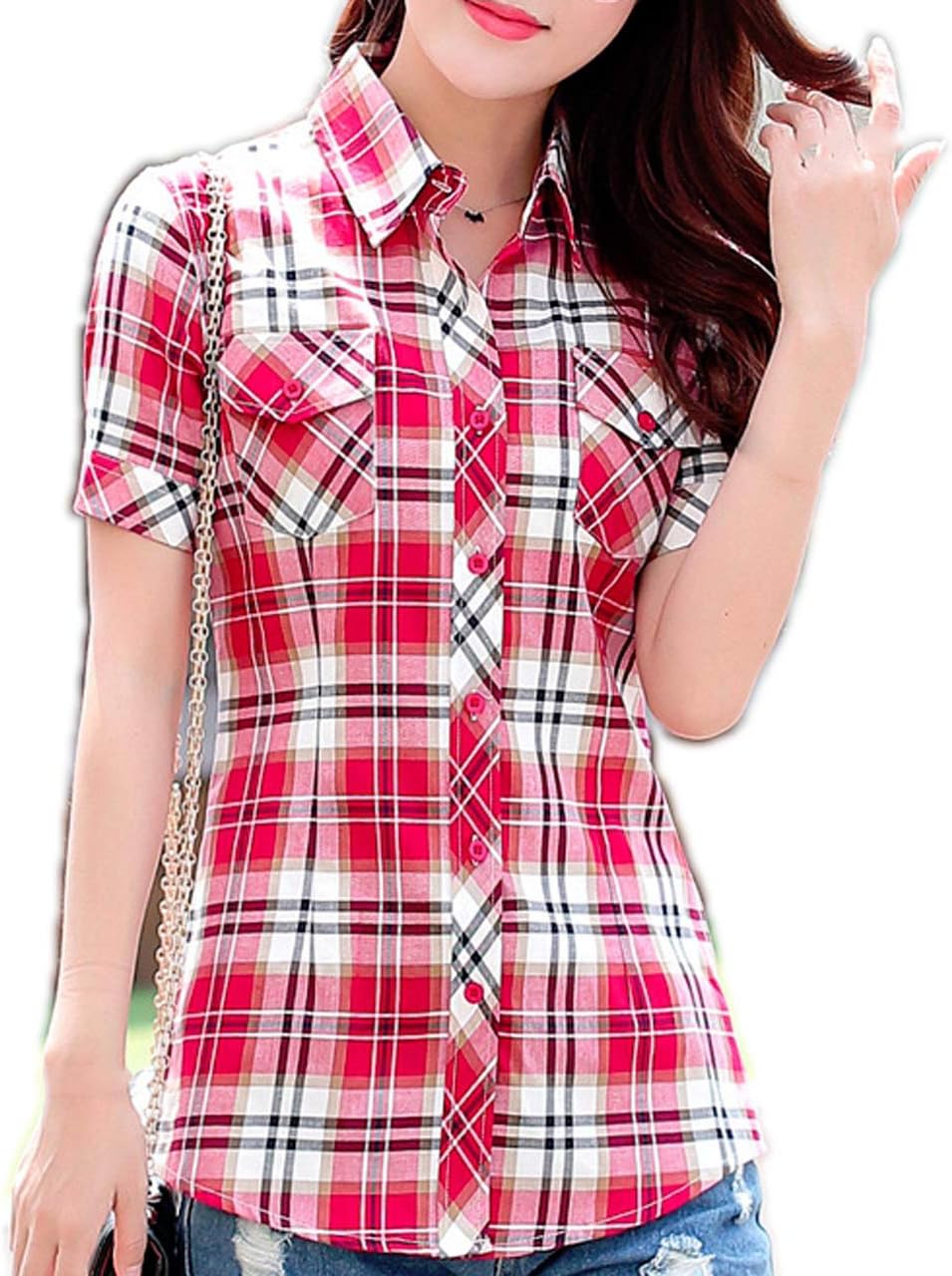 エンジェルムーン チェックシャツ レディース カジュアル ロング 半袖 タイト 格子柄 チェック柄