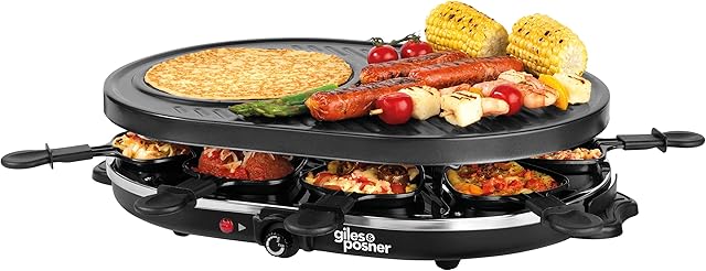 Giles & Posner EK4512G Electric Non-Stick Raclette Grill and Crepe Maker, Serve Up to 8 People, 43 x 30 cm Grill Plate, 1200 W, 8 Grill Pans & Wooden Spatulas, Adjustable Temperature Control