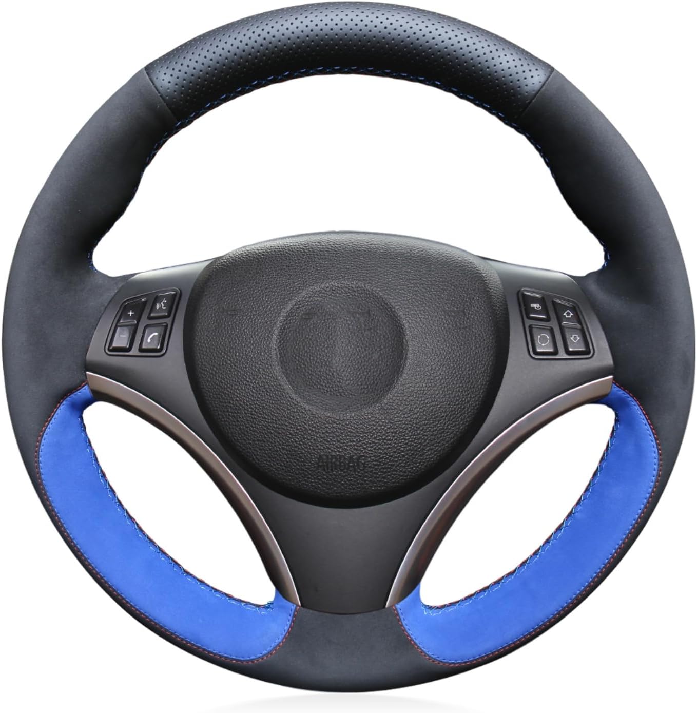Mewant Hand-Sewing DIY Black Genuine Leather and Blue Synthetic Suede Car Steering Wheel Cover for BMW 1 Series E81 E82 E87 E88 2008-2012/3 Series E90 E91 E92 E93 2006-2011