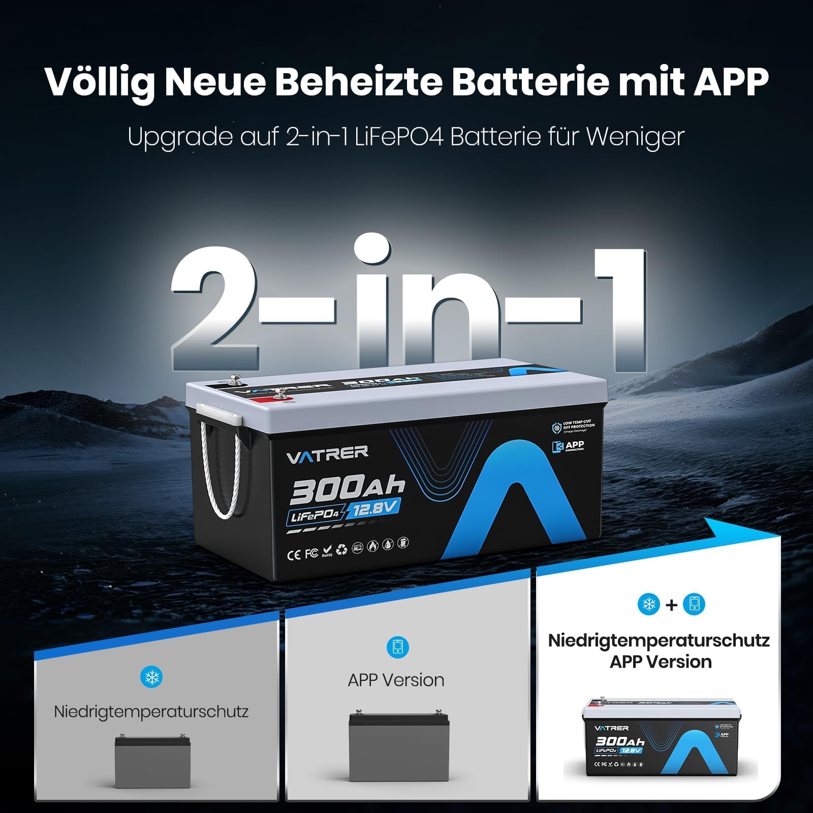 VATRER POWER 12.8V 300Ah LiFePO4 Batterie mit Selbstheizung | Bluetooth APP·200A Smart BMS·3840Wh nutzbare Energie·5000+ Zyklen·Für Wohnmobil, Caravan, Off-Grid-Solaranlagen & Camping