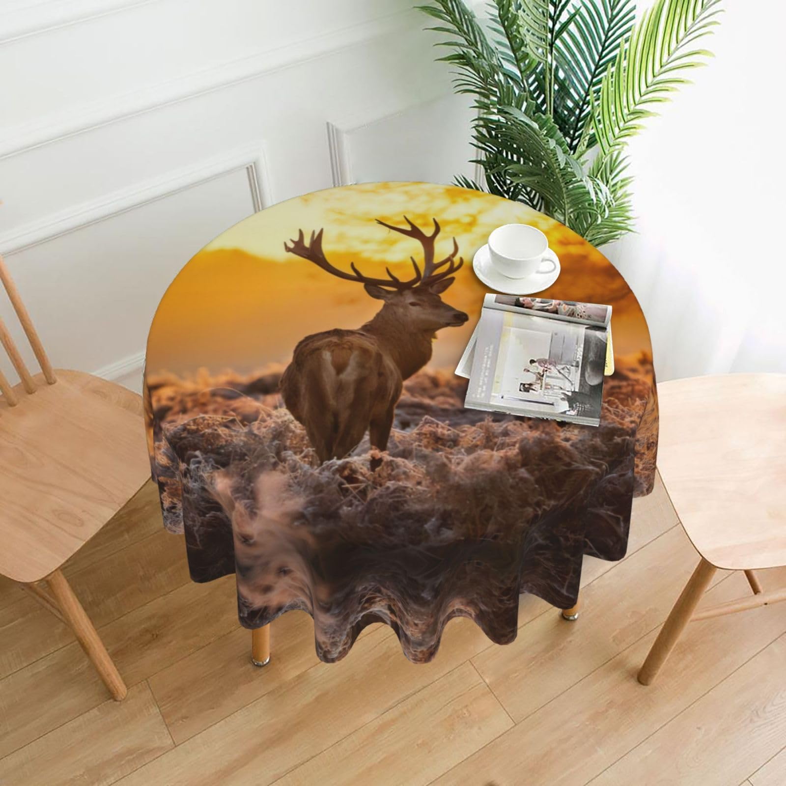 YYHWHJDE Antler Red Deer Prints 60in Round Decorative Tablecloth – High-Grade Polyester Throw for Stylish Dining & Event Table Protection