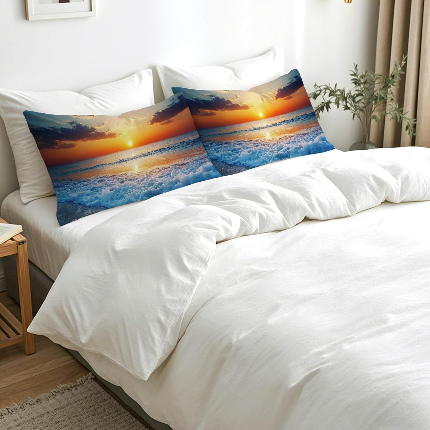 Beach Theme Pillow Cases Queen Size Set of 2 - Soft Breathable Microfiber Pillowcases with Envelope Closure, Coastal Sunset Seascape Patterned Pillow Covers, Beach Theme Decor