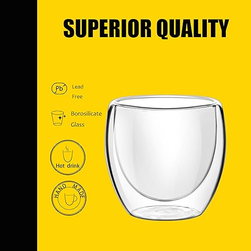 Miniatura 2 de PunPun Tazas de café expreso de 2.7 onzas líquidas, tazas Demitasse de doble pared aisladas, transparentes, juego de 4 vasos de chupito