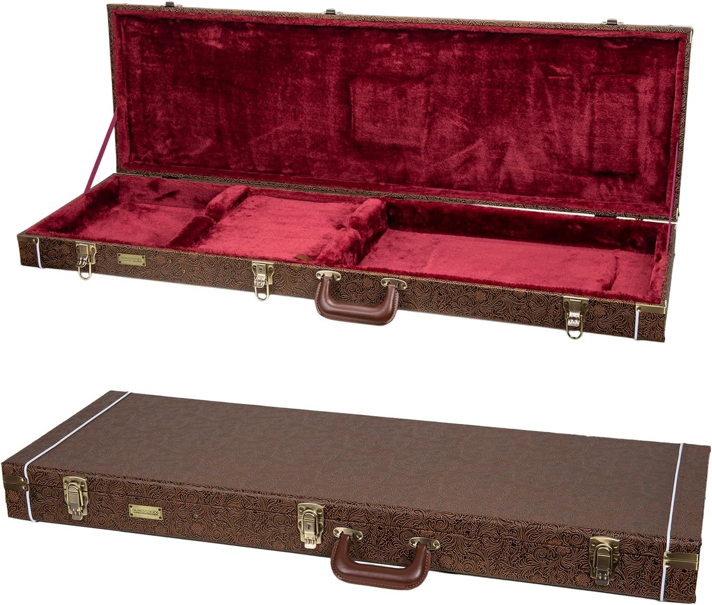 Crossrock Wooden Bass Guitar Case for Fender Precision & Jazz | Blossom Brown Faux Leather, Burgundy Velvet Interior, Lock – Designer Series(CRW530BBQ)
